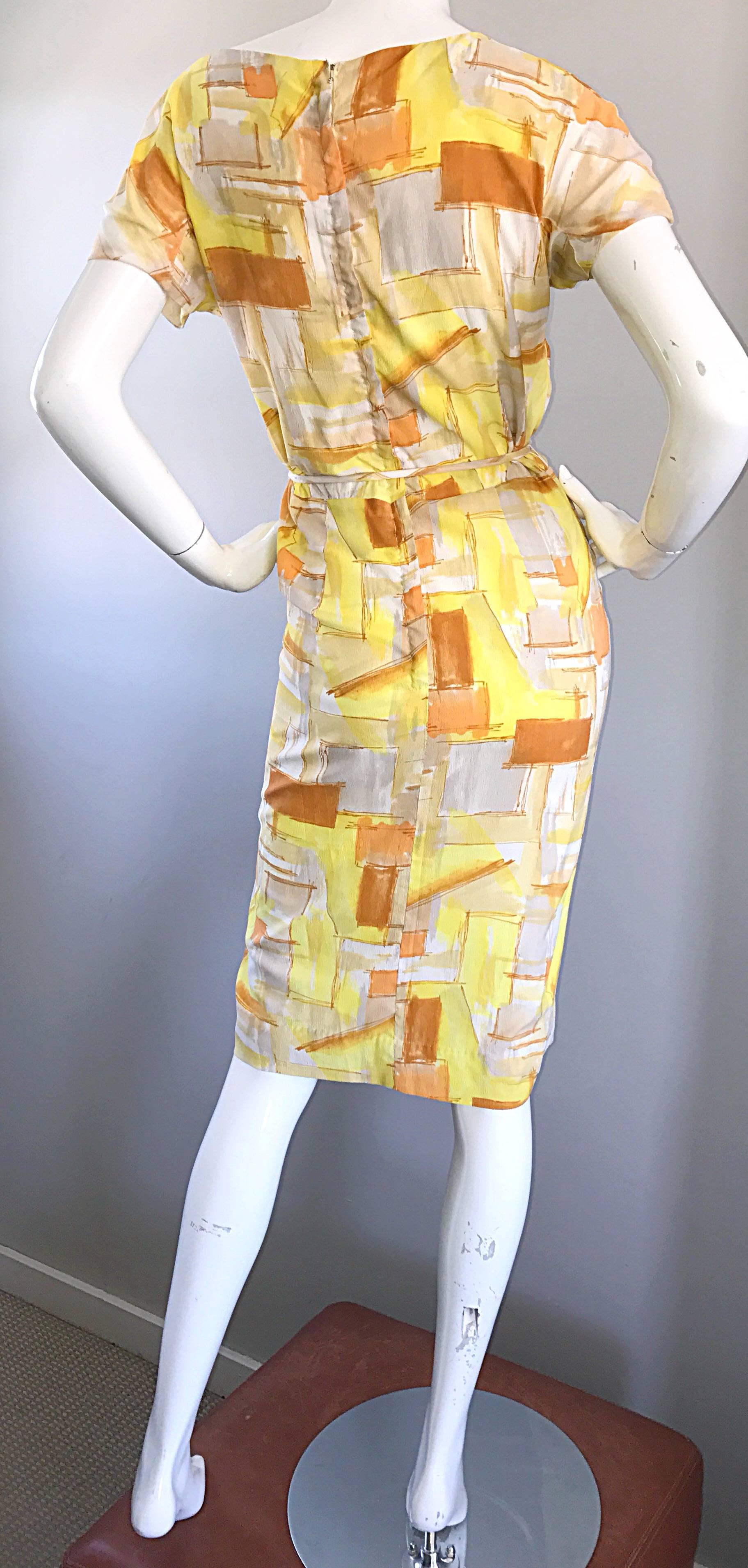 Chic 1960s Gelb + Orange + Weiß Kurzarm Gürtel Vintage 60s Mod Day Dress Damen im Angebot