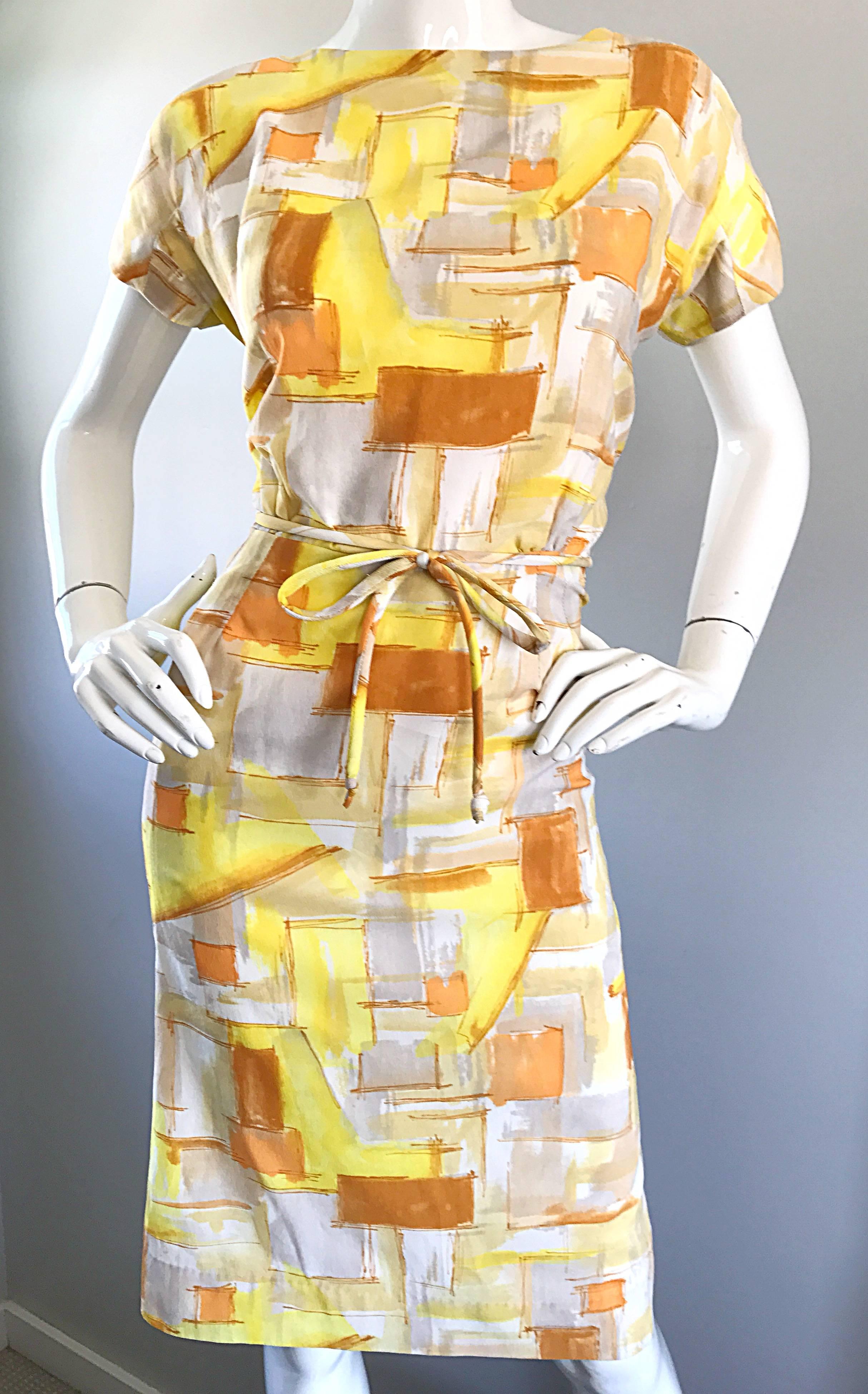 Beige Chic 1960s Yellow + Orange + White Short Sleeve Belted Vintage 60s Mod Day Dress For Sale