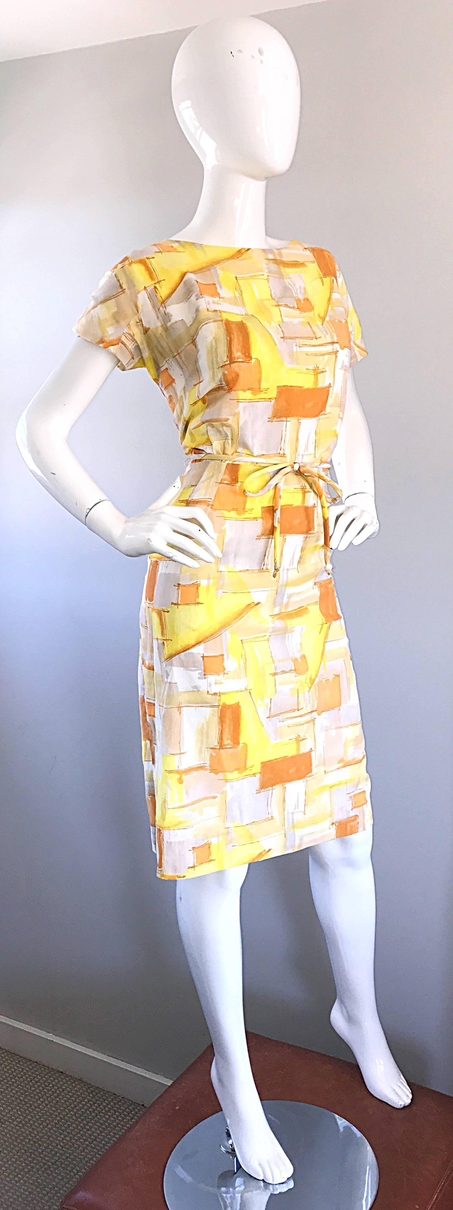 Women's Chic 1960s Yellow + Orange + White Short Sleeve Belted Vintage 60s Mod Day Dress For Sale