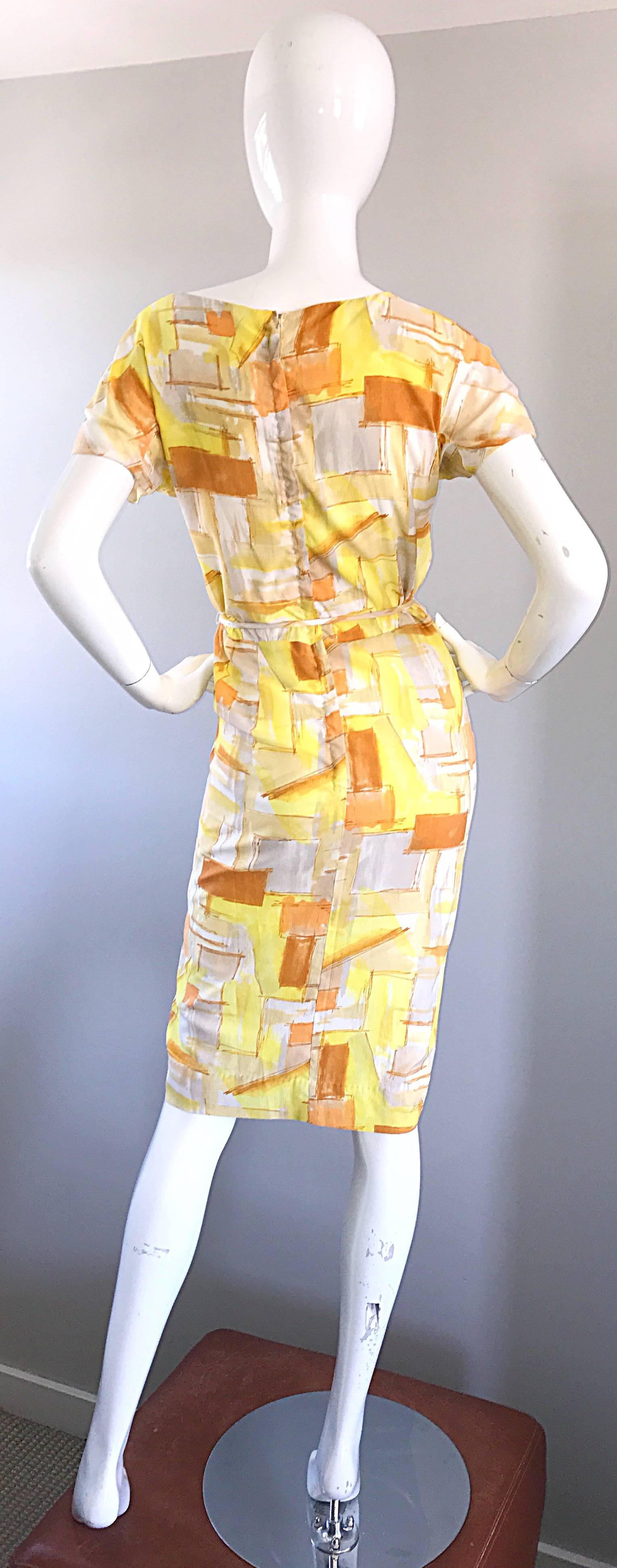 Chic 1960s Yellow + Orange + White Short Sleeve Belted Vintage 60s Mod Day Dress In Excellent Condition For Sale In San Diego, CA
