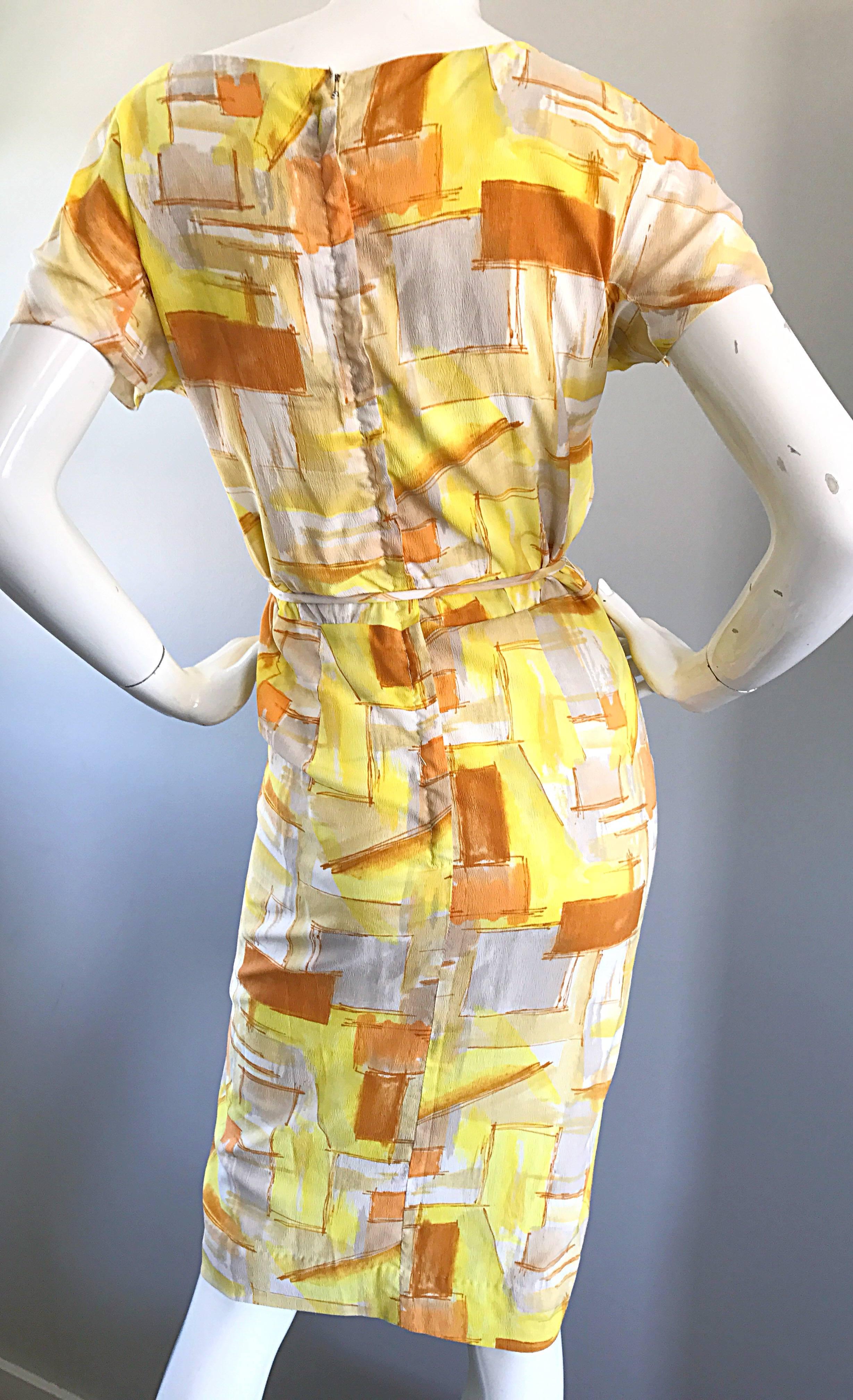 Chic 1960s Yellow + Orange + White Short Sleeve Belted Vintage 60s Mod Day Dress For Sale 1