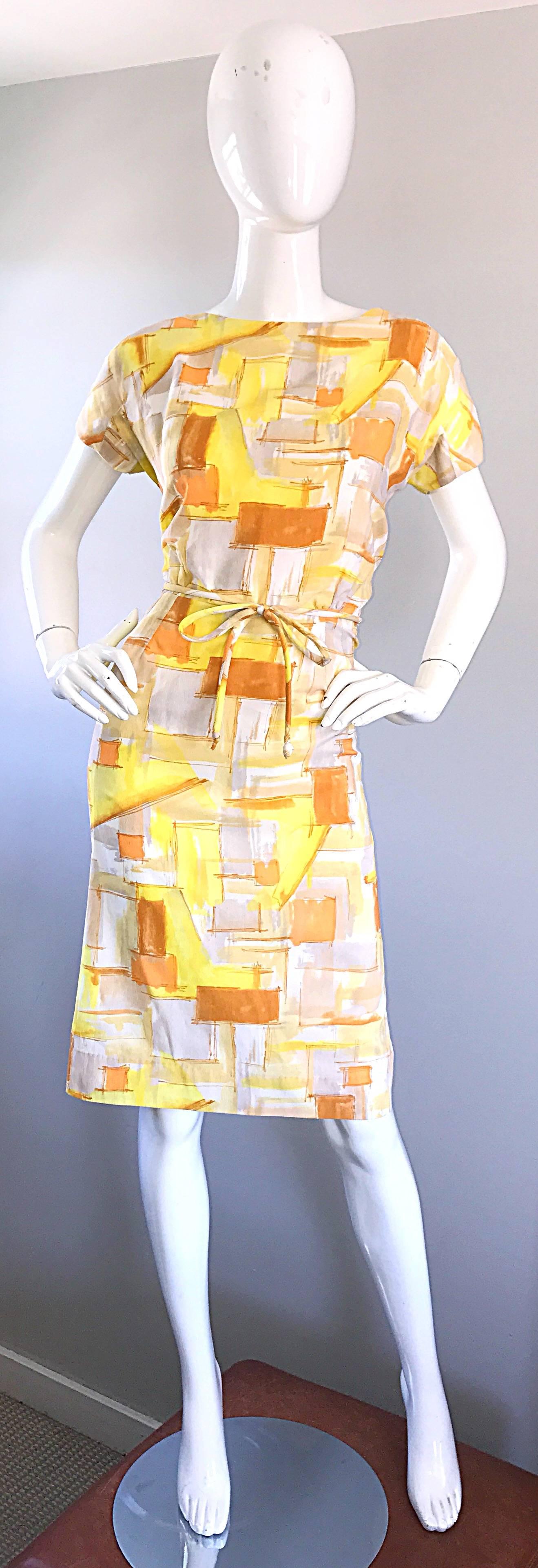 Chic 1960s Yellow + Orange + White Short Sleeve Belted Vintage 60s Mod Day Dress For Sale 2