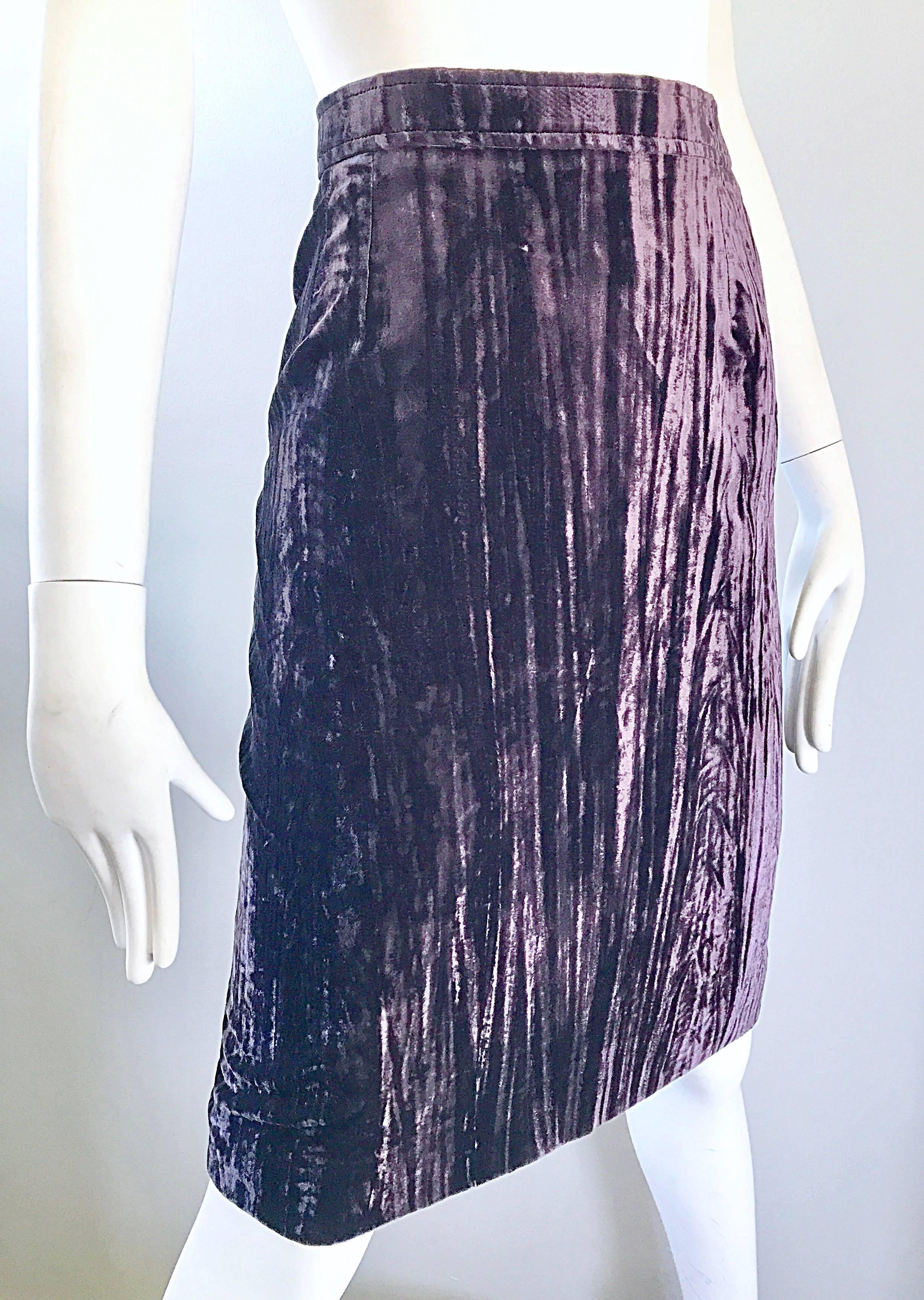 Beautiful vintage YVES SAINT LAURENT Rive Gauche high waisted purple lavender pencil skirt! Soft crushed velvet feels luxurious against the skin. Hidden zipper up the side with button closure. Stylish and classic fit that is a timeless addition to