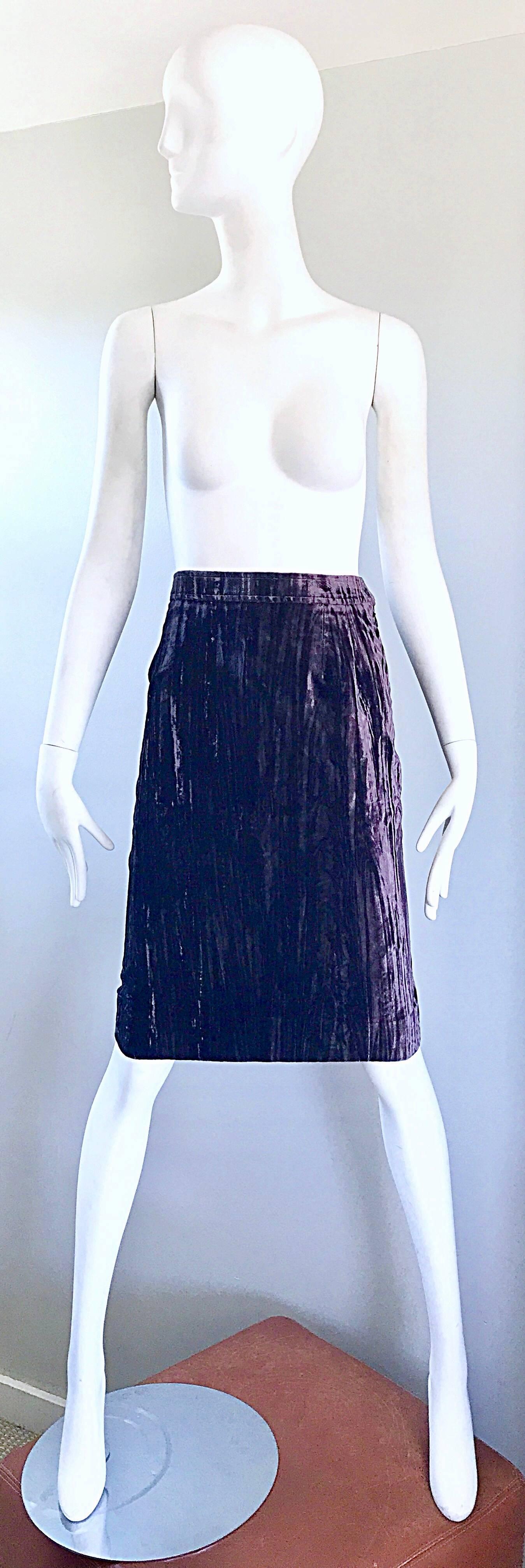 Purple Vintage YSL Yves Saint Laurent RIve Gauche 1990s Crushed Velvet 90s Pencil Skirt