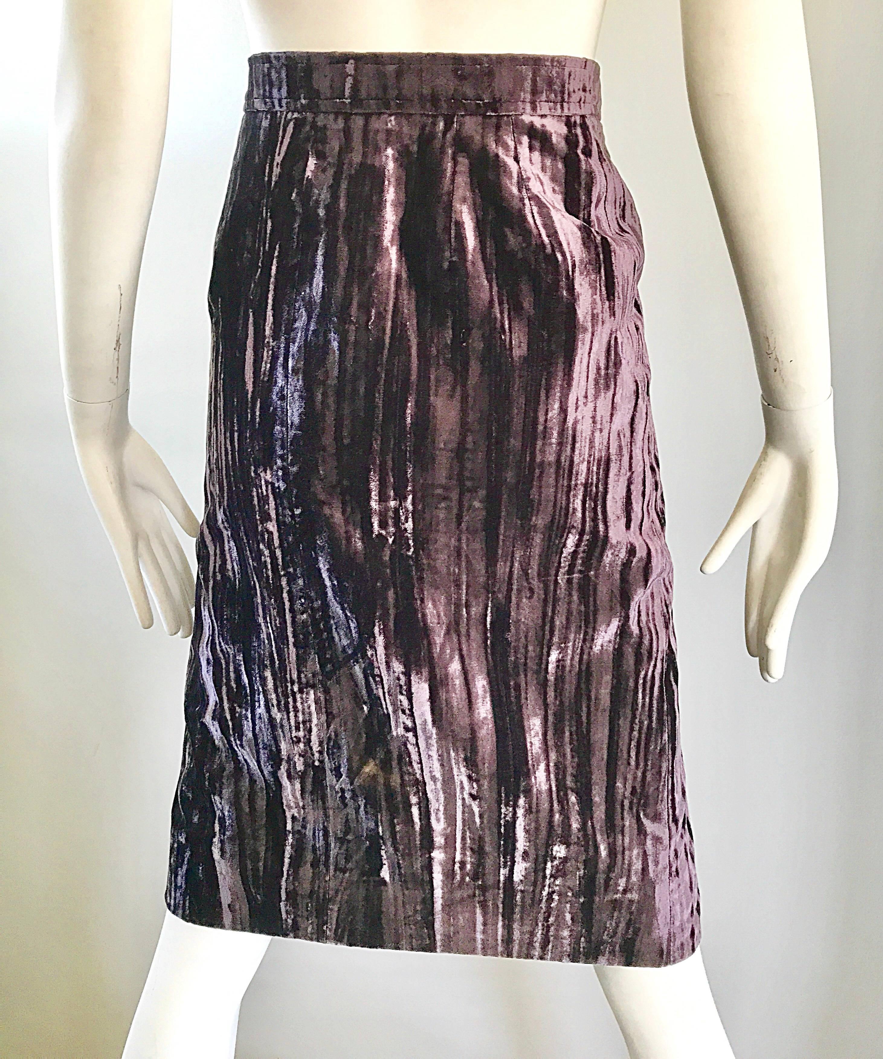 Vintage YSL Yves Saint Laurent RIve Gauche 1990s Crushed Velvet 90s Pencil Skirt In Excellent Condition In San Diego, CA