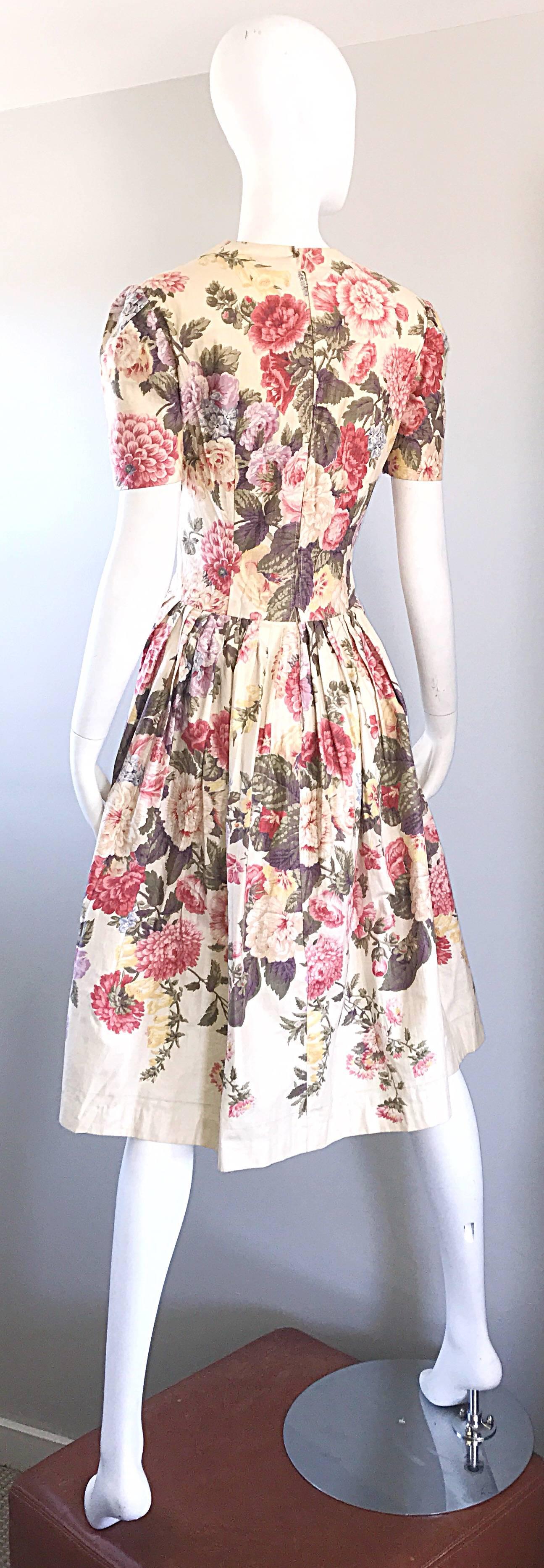 Beige Beautiful 1980s does 1950s Hand Painted Floral Puff Sleeve Vintage 80s Dress For Sale
