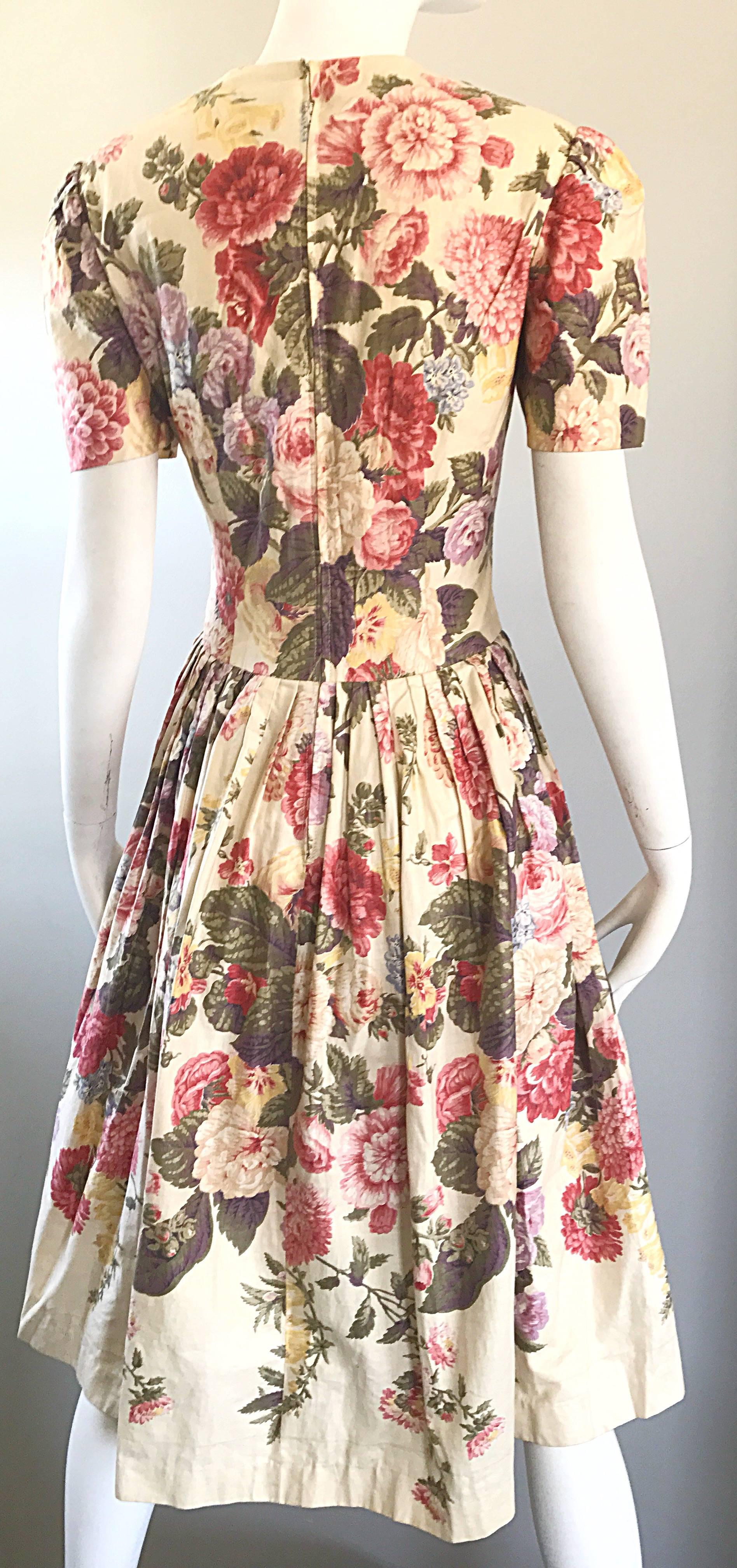 Beautiful 1980s does 1950s Hand Painted Floral Puff Sleeve Vintage 80s Dress For Sale 1