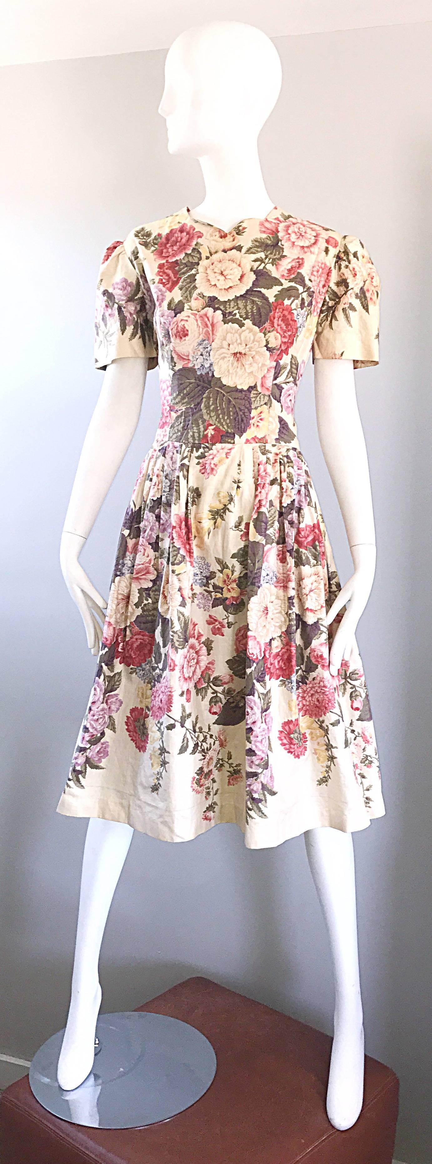 Beautiful 1980s does 1950s Hand Painted Floral Puff Sleeve Vintage 80s Dress For Sale 2