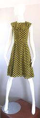 Chic 1970s Yellow and Navy Blue Polka Dot Chiffon A - Line Vintage 70s Day Dress
