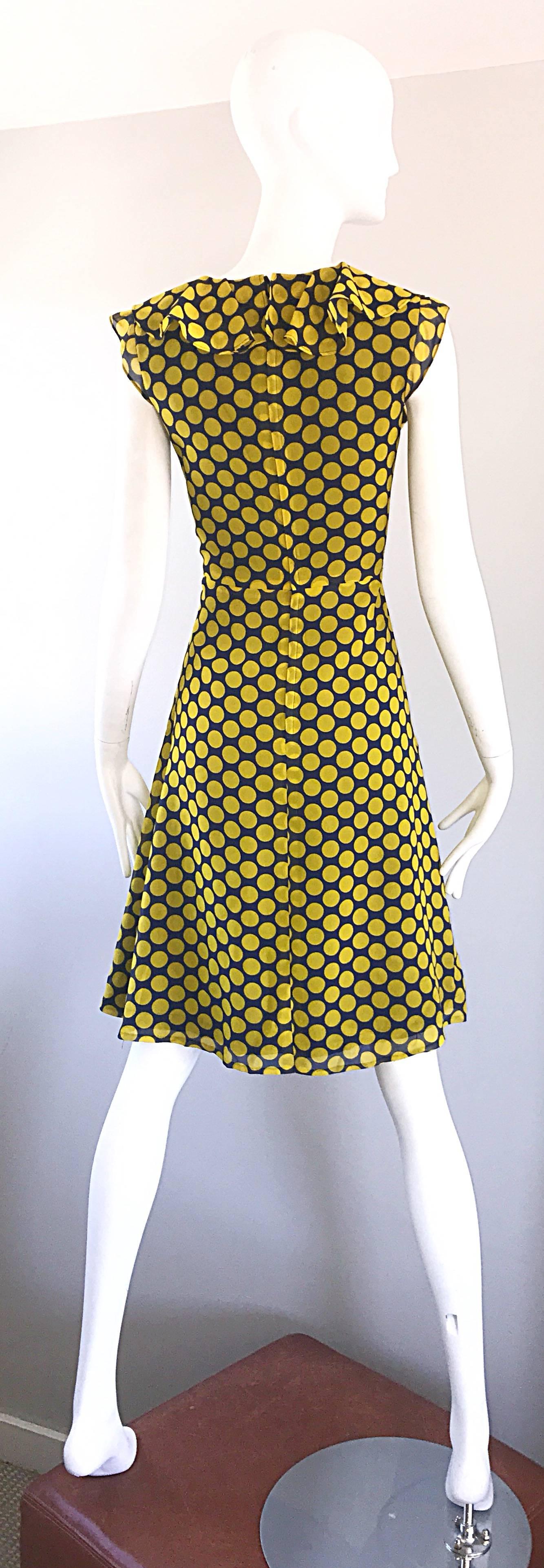 Chic 1970s Yellow and Navy Blue Polka Dot Chiffon A - Line Vintage 70s Day Dress In Excellent Condition For Sale In San Diego, CA