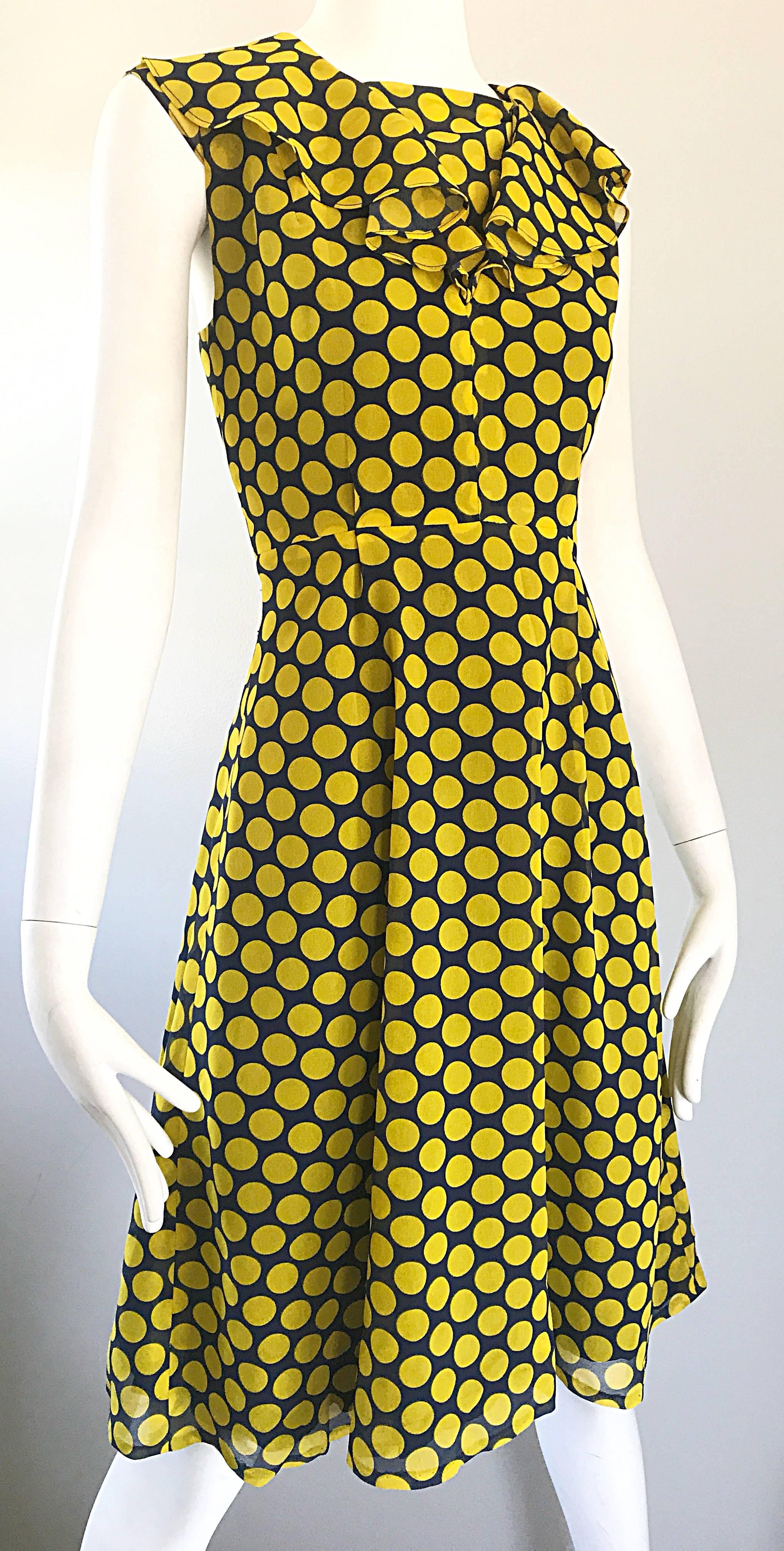Women's Chic 1970s Yellow and Navy Blue Polka Dot Chiffon A - Line Vintage 70s Day Dress For Sale