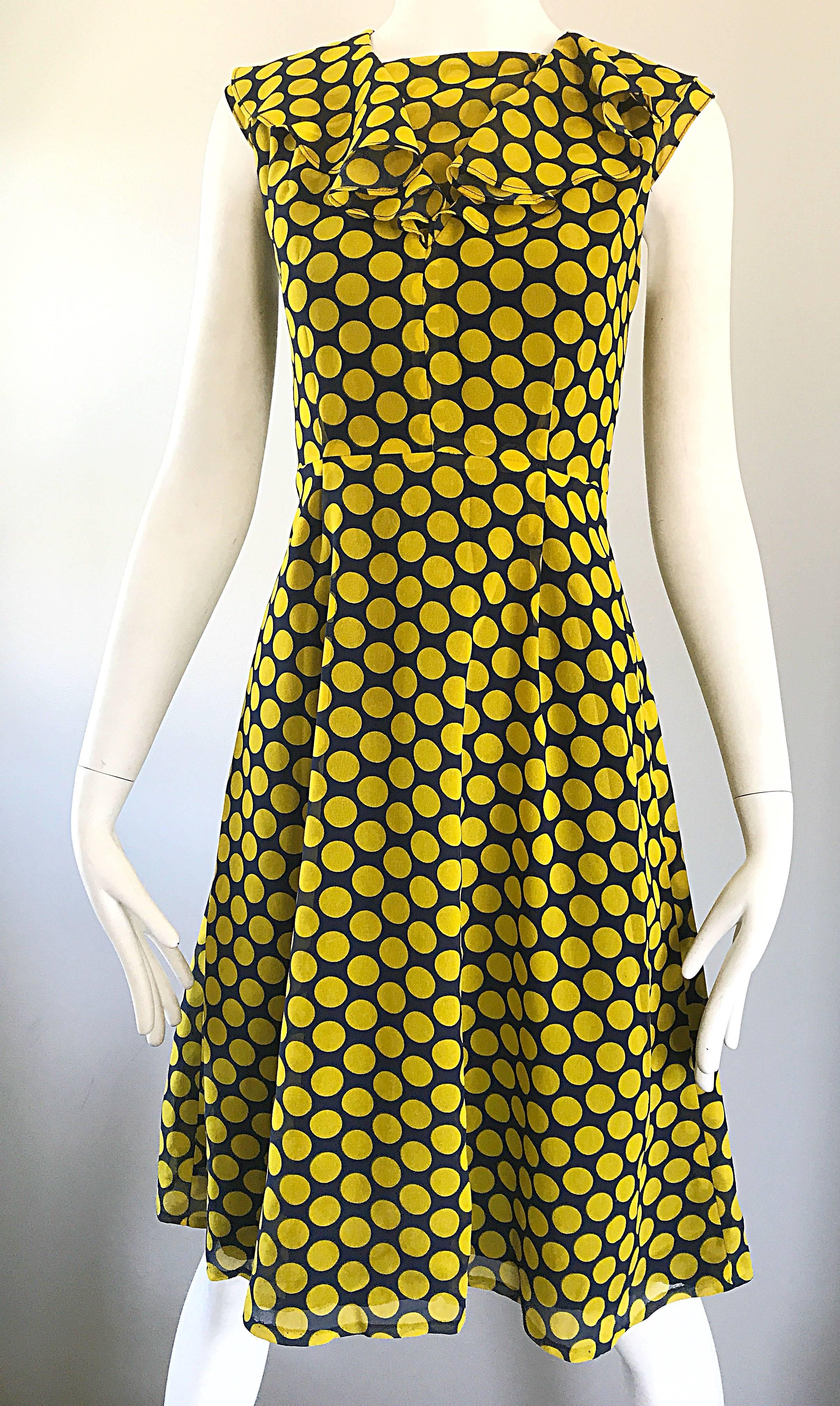 Chic 1970s Yellow and Navy Blue Polka Dot Chiffon A - Line Vintage 70s Day Dress For Sale 1