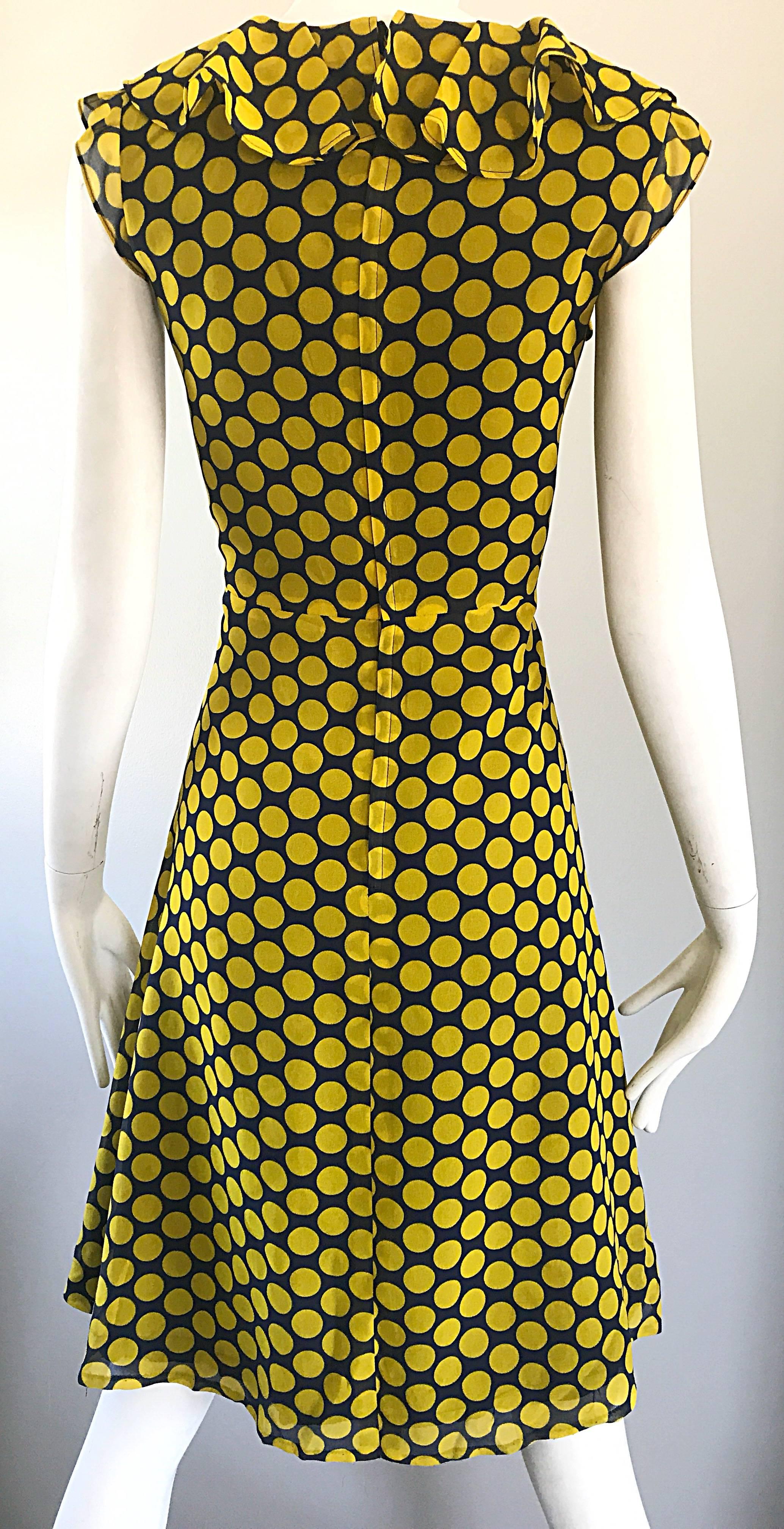 Chic 1970s Yellow and Navy Blue Polka Dot Chiffon A - Line Vintage 70s Day Dress For Sale 2