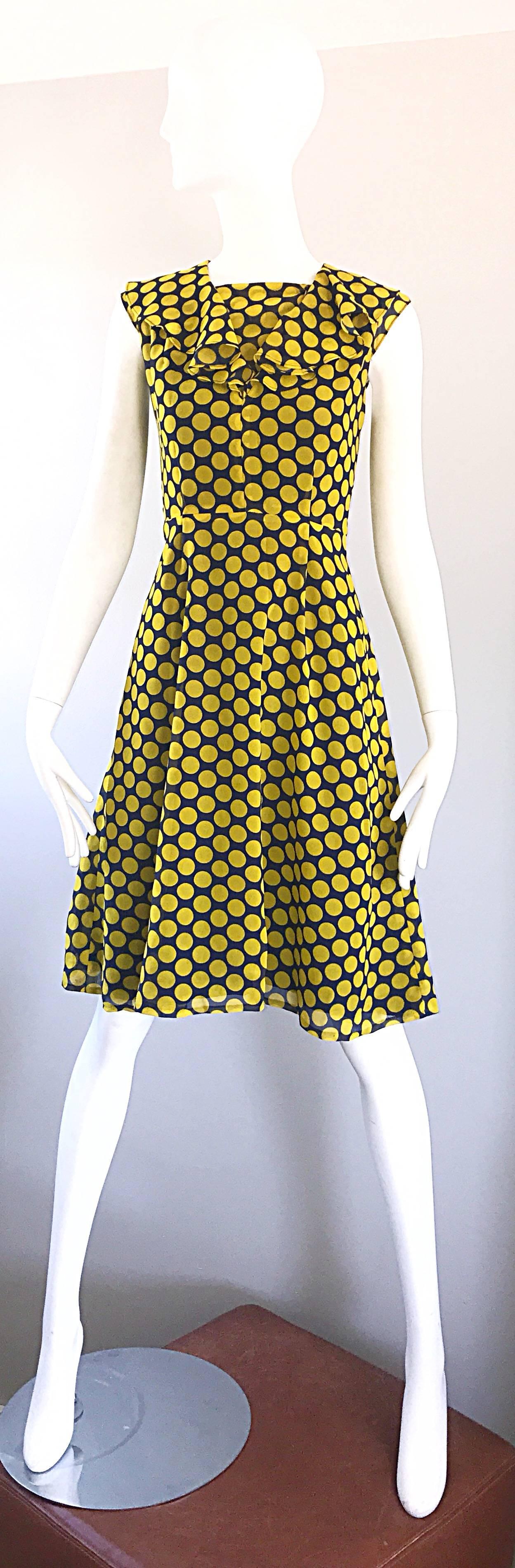 Chic 1970s Yellow and Navy Blue Polka Dot Chiffon A - Line Vintage 70s Day Dress For Sale 3