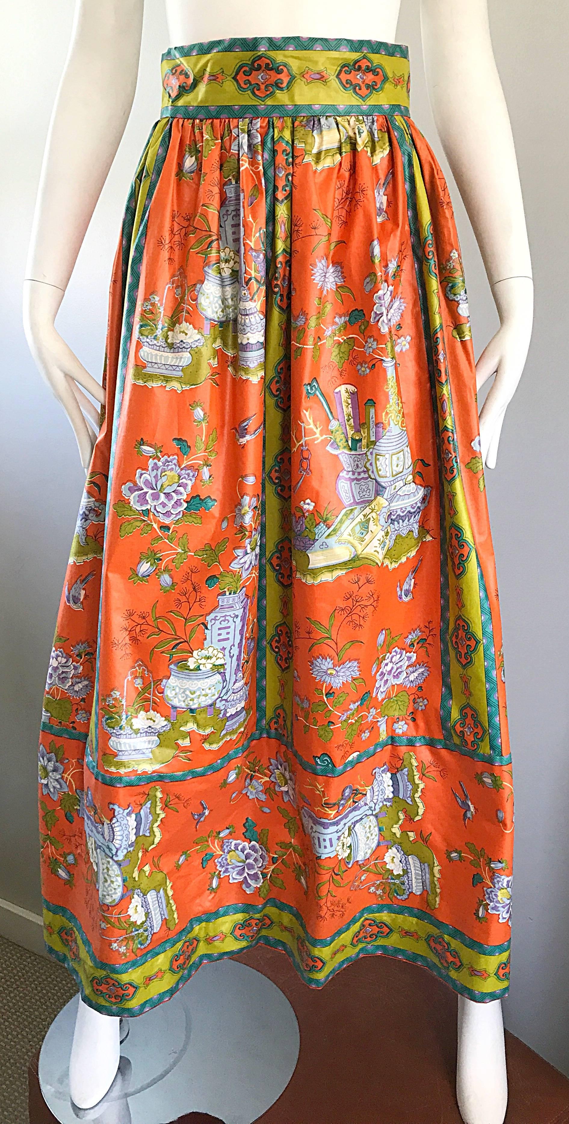 Rare 1970s Oriental Asian Themed Waxed Cotton Orange Vintage 70s Maxi Skirt  In Excellent Condition In San Diego, CA