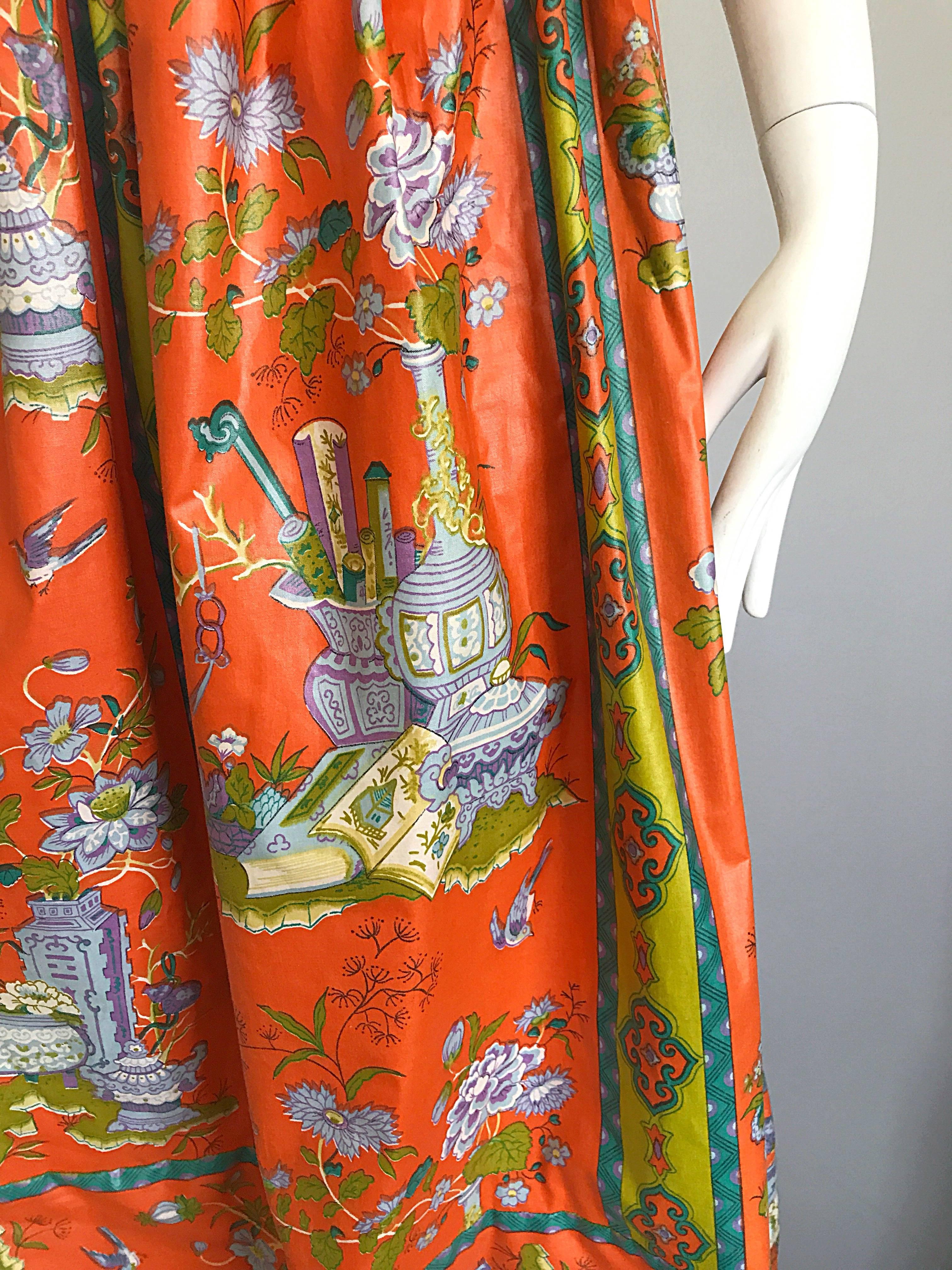 Women's Rare 1970s Oriental Asian Themed Waxed Cotton Orange Vintage 70s Maxi Skirt 