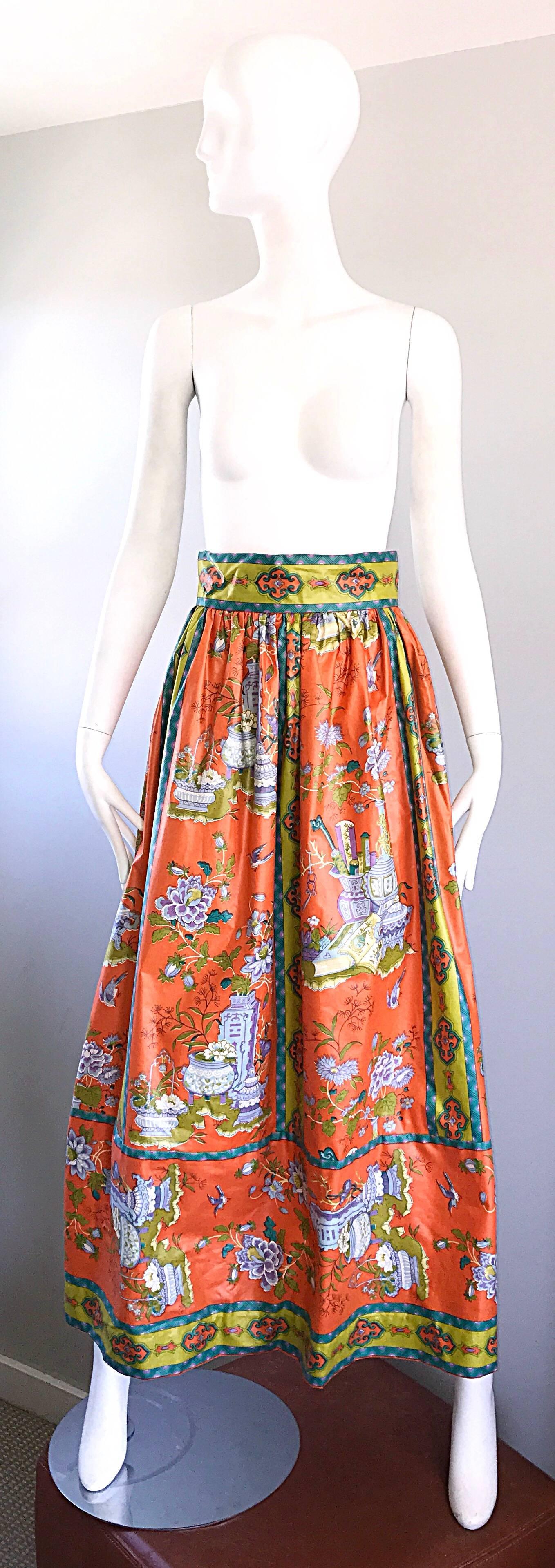 Rare 1970s Oriental Asian Themed Waxed Cotton Orange Vintage 70s Maxi Skirt  2