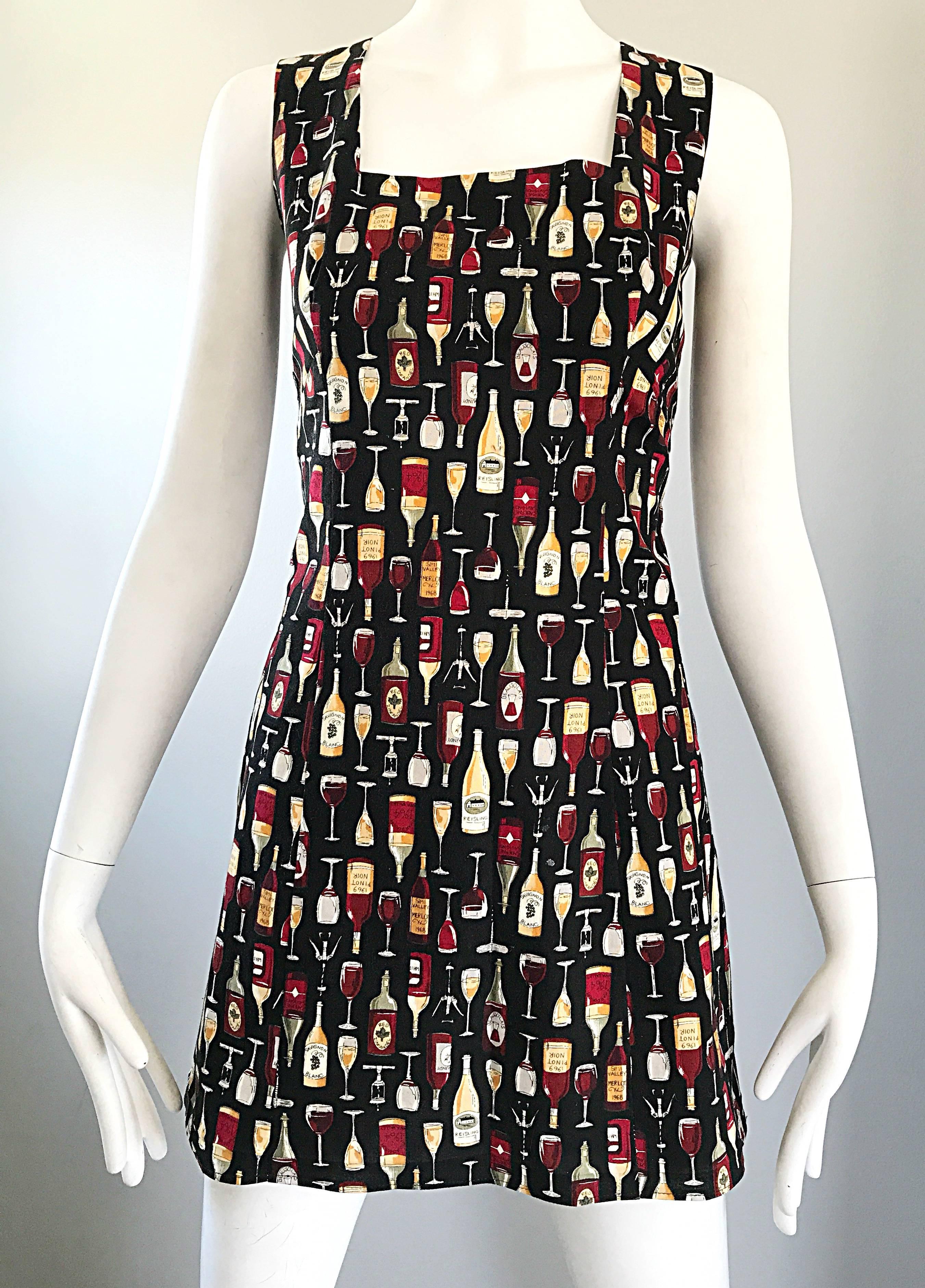 Black Amazing 1990s Novelty Wine Bottle / Glass Print Happy Hour Cotton Mini Dress  For Sale