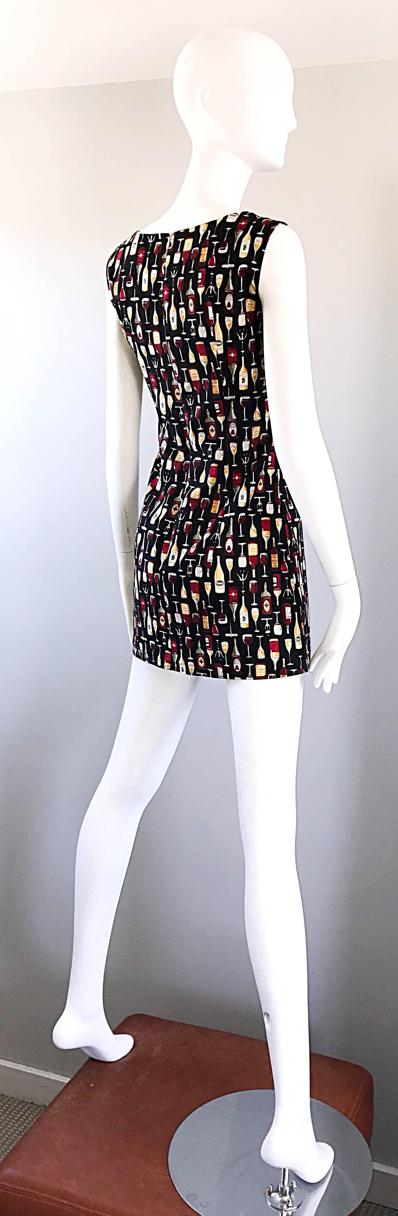 Women's Amazing 1990s Novelty Wine Bottle / Glass Print Happy Hour Cotton Mini Dress  For Sale