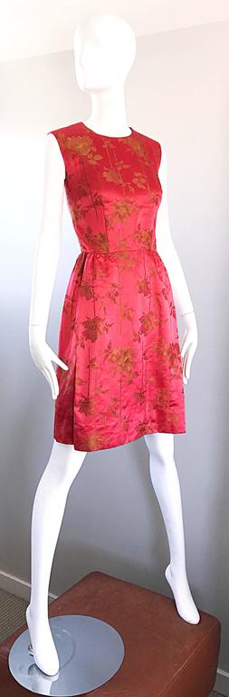 Women's 1950s Dynasty I Magnin Raspberry Red Gold Flowers Silk Satin Vintage 50s Dress For Sale