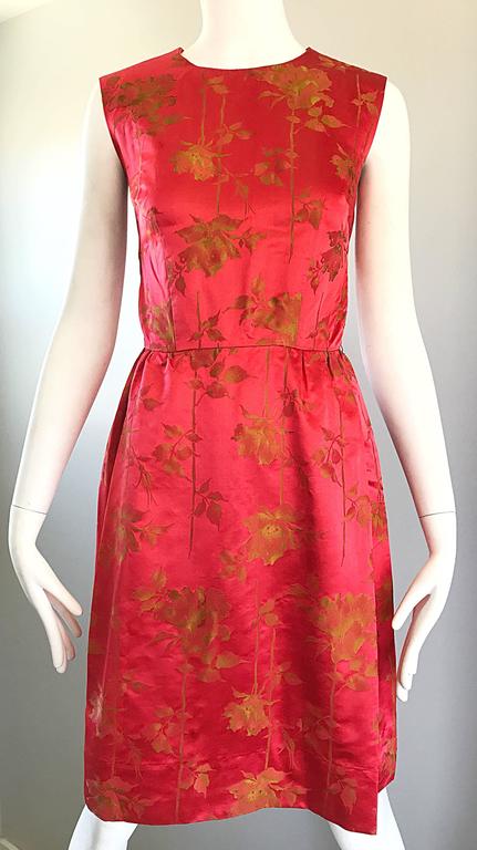 1950s Dynasty I Magnin Raspberry Red Gold Flowers Silk Satin Vintage 50s Dress For Sale 2