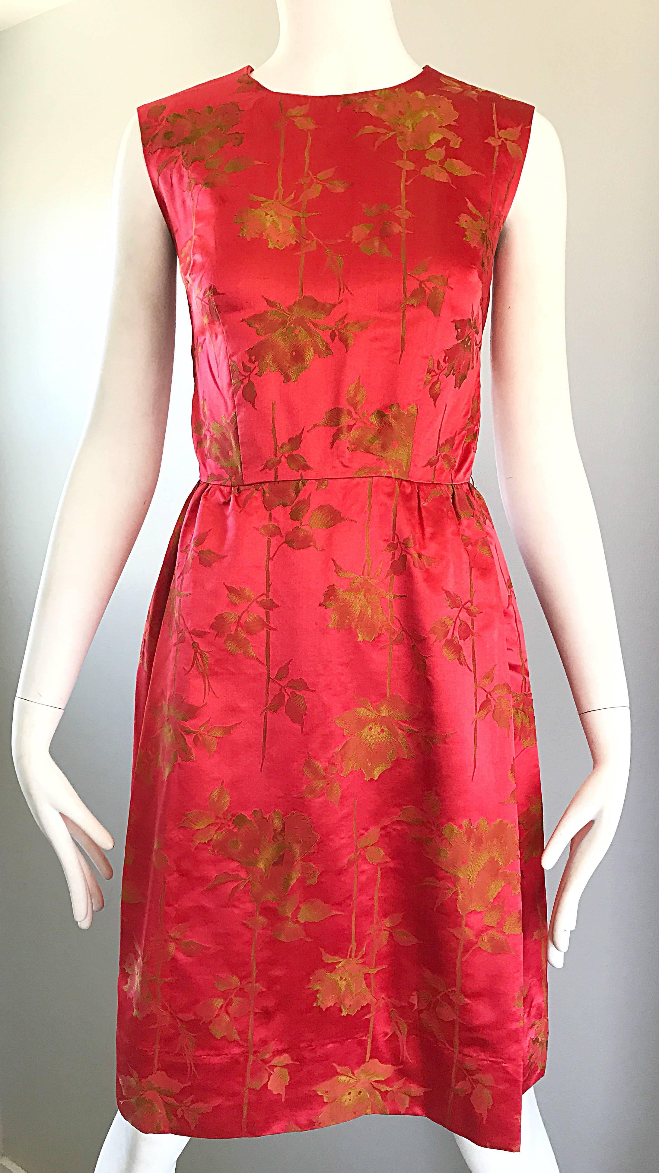 Women's 1950s Dynasty I Magnin Raspberry Red Gold Flowers Silk Satin Vintage 50s Dress For Sale