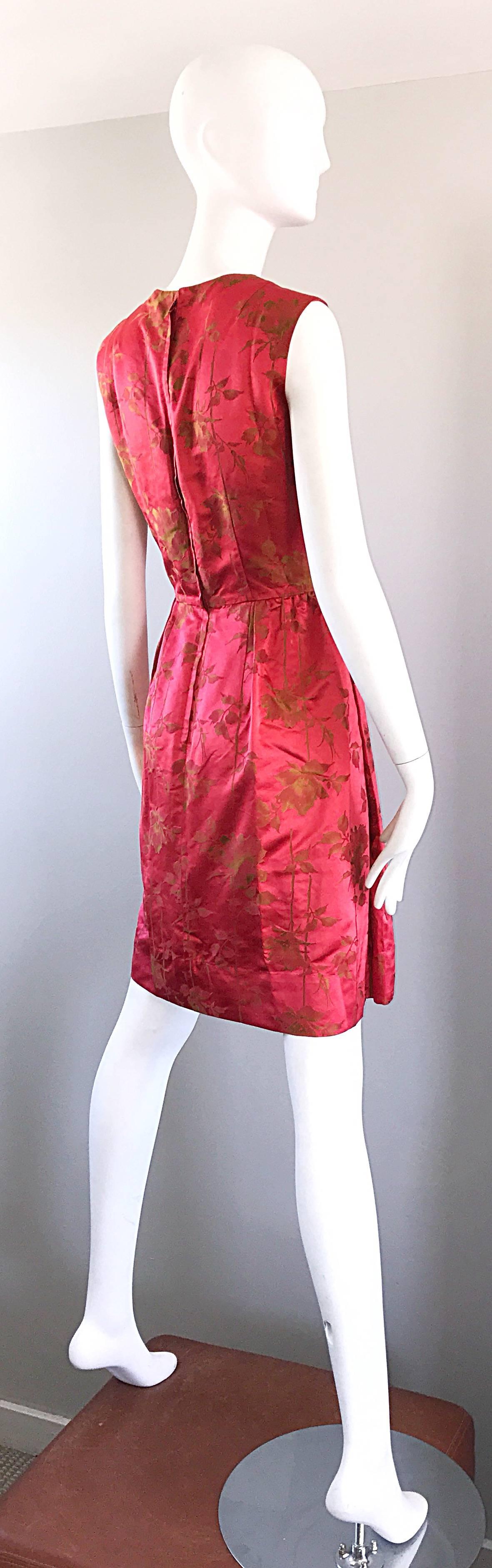 1950s Dynasty I Magnin Raspberry Red Gold Flowers Silk Satin Vintage 50s Dress For Sale 1