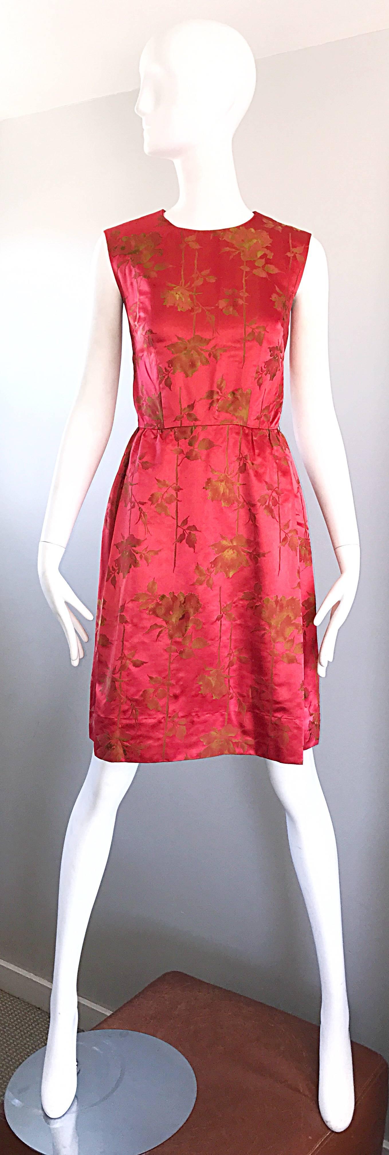 1950s Dynasty I Magnin Raspberry Red Gold Flowers Silk Satin Vintage 50s Dress For Sale 3