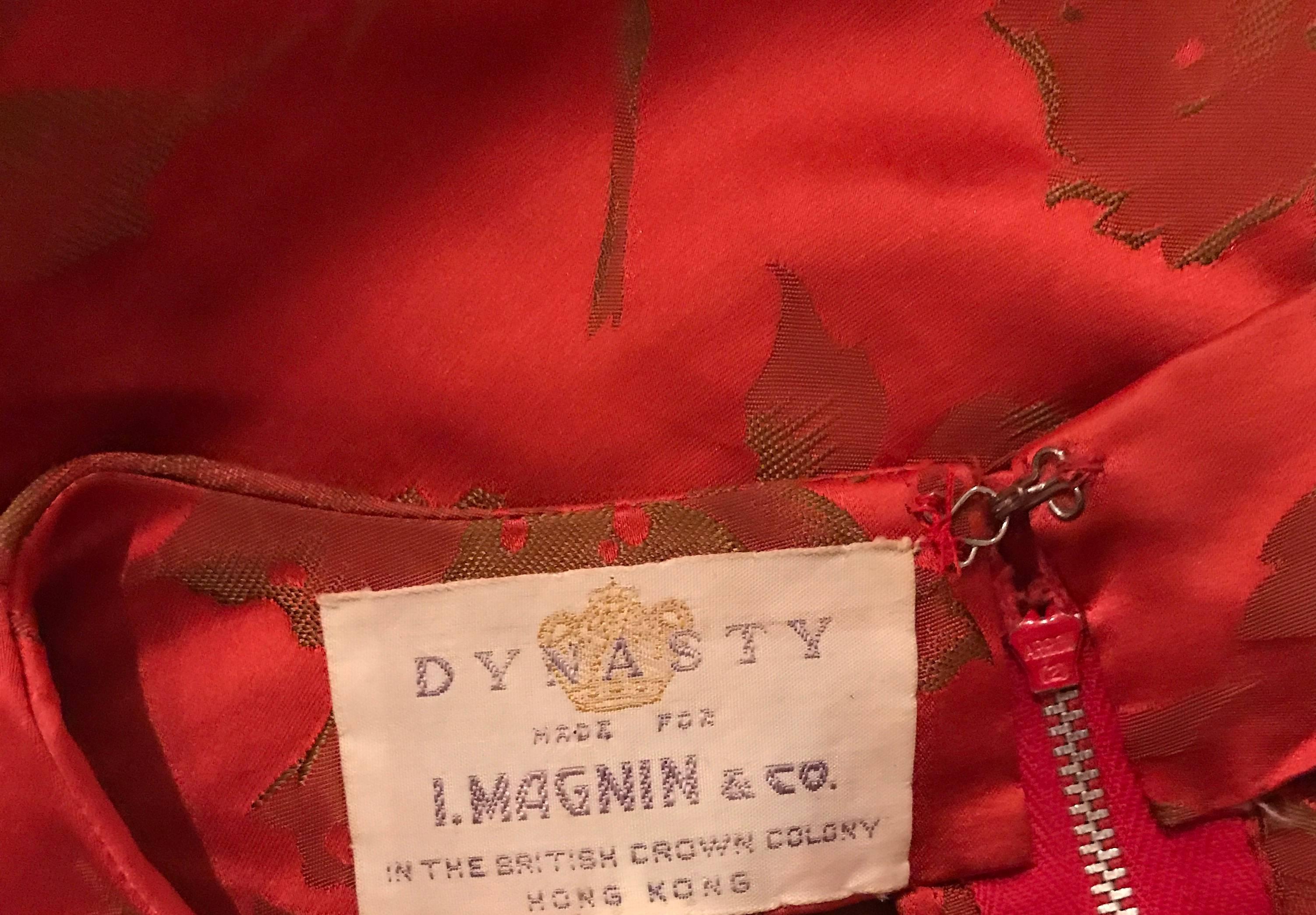 1950s Dynasty I Magnin Raspberry Red Gold Flowers Silk Satin Vintage 50s Dress For Sale 4