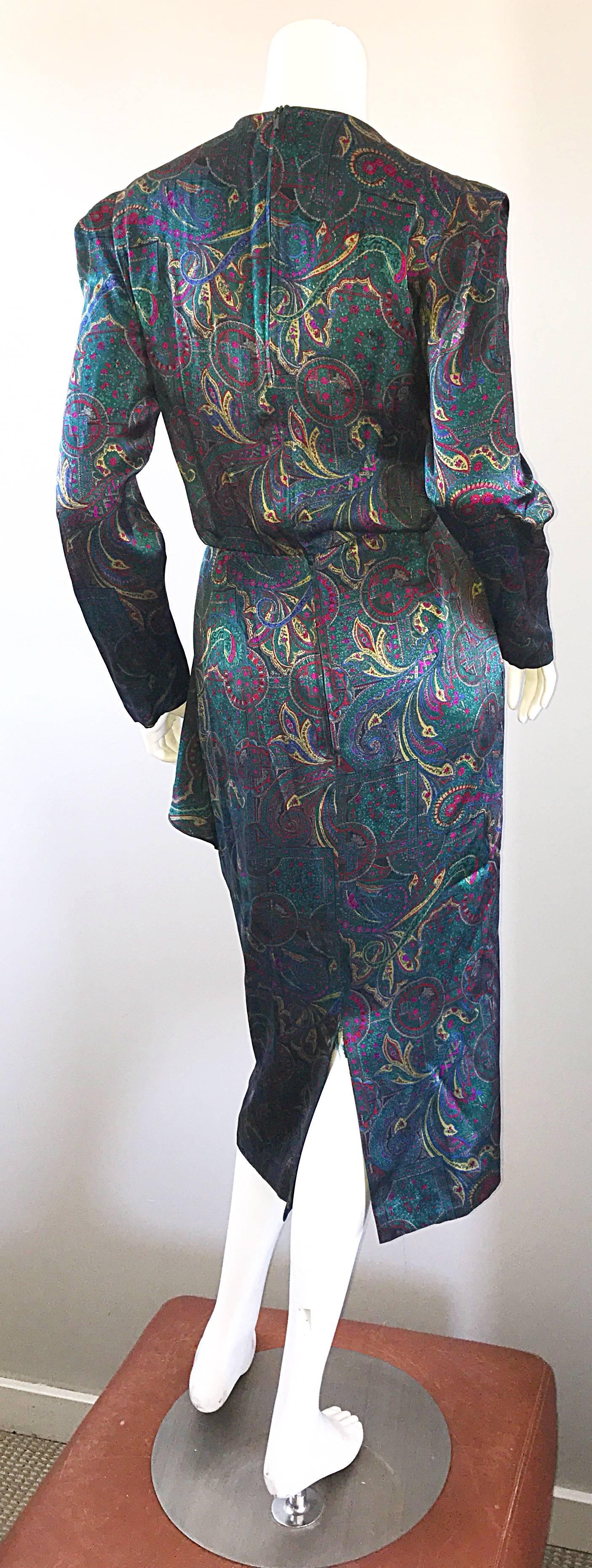 Black Louis Feraud Pretty Vintage Jewel Tone Size 4 Paisley Silk Long Sleeve Dress  For Sale