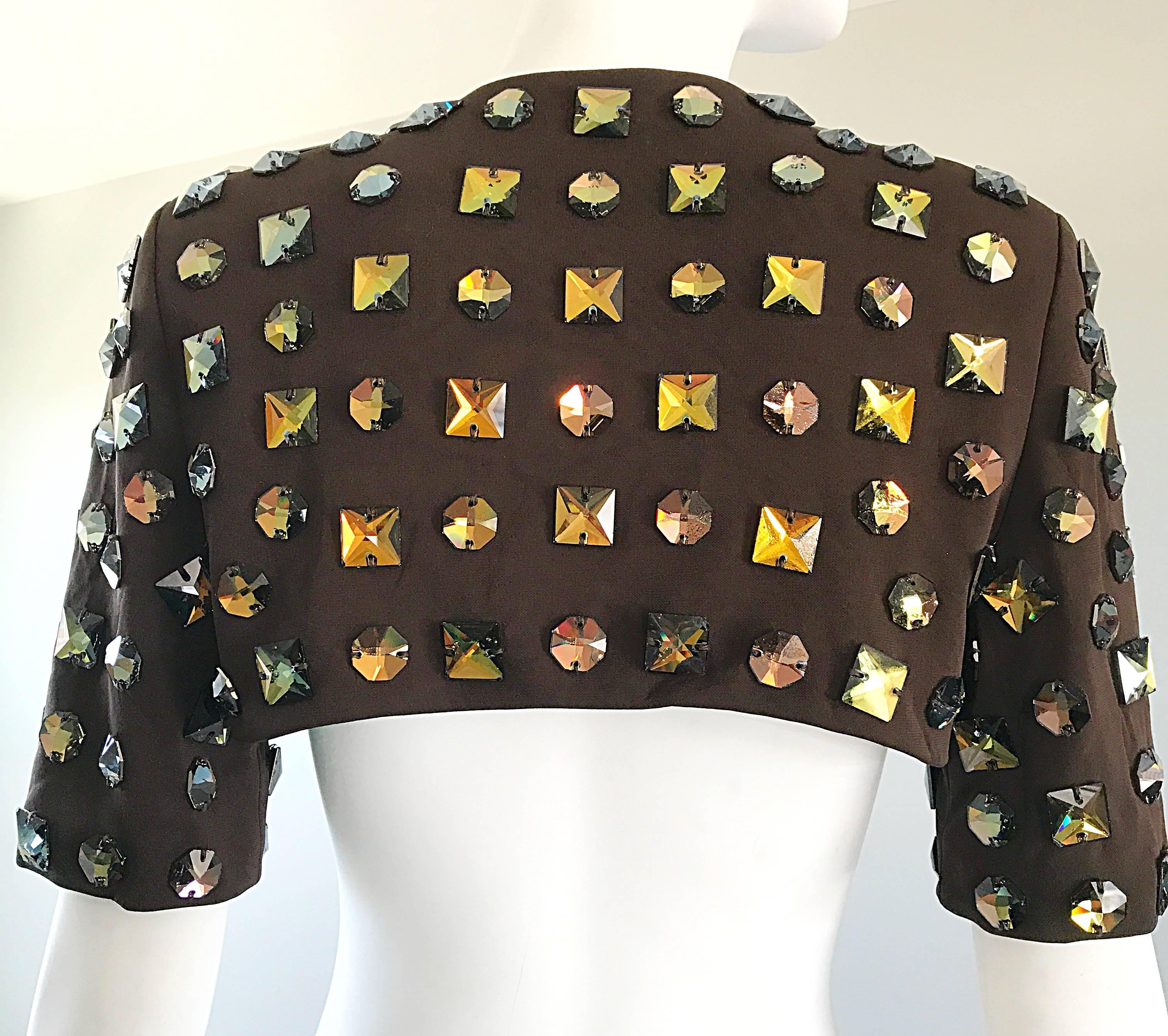 Fabulous 2000s C.D. Greene Brown Heavily Beaded Jeweled Cropped Vintage Bolero In Excellent Condition For Sale In San Diego, CA