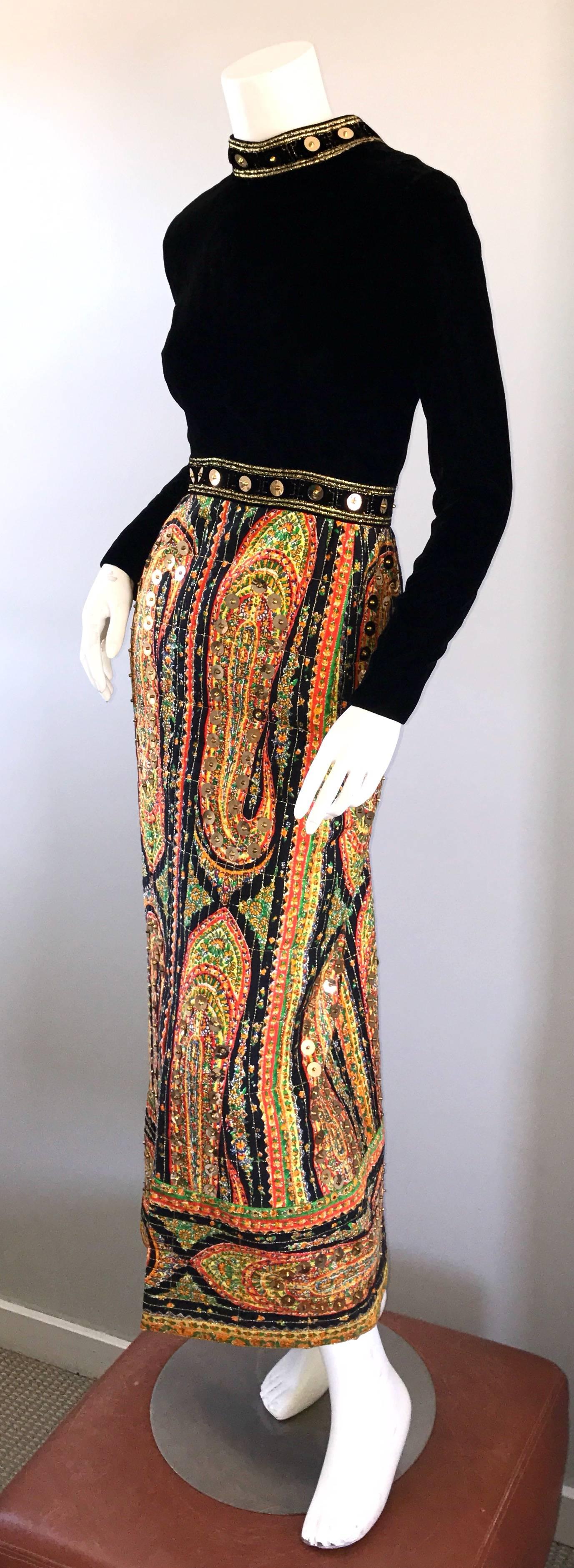 Black Amazing 1960s Pat Sandler Long Sleeve Paisley Gold Sequin Vintage 60s Maxi Dress
