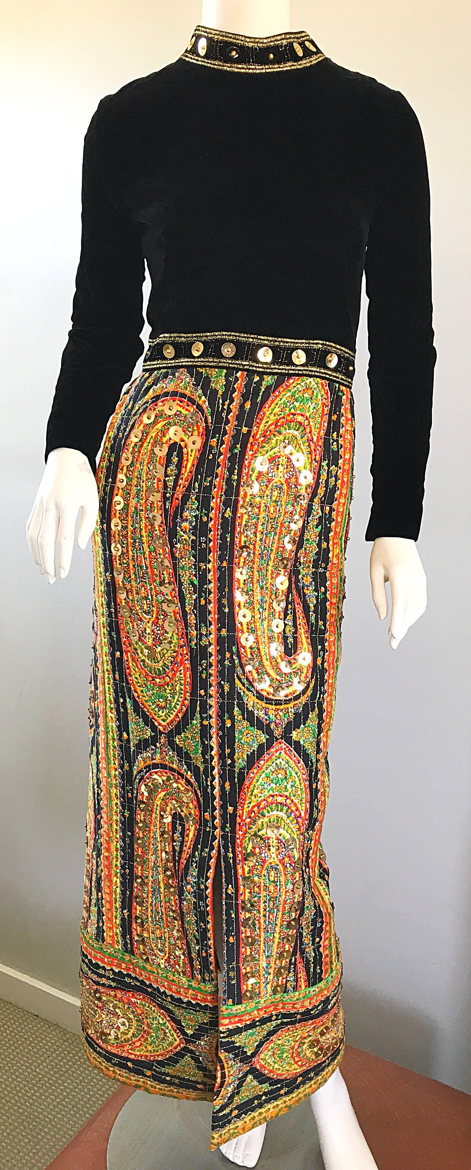 Amazing 1960s Pat Sandler Long Sleeve Paisley Gold Sequin Vintage 60s Maxi Dress 1