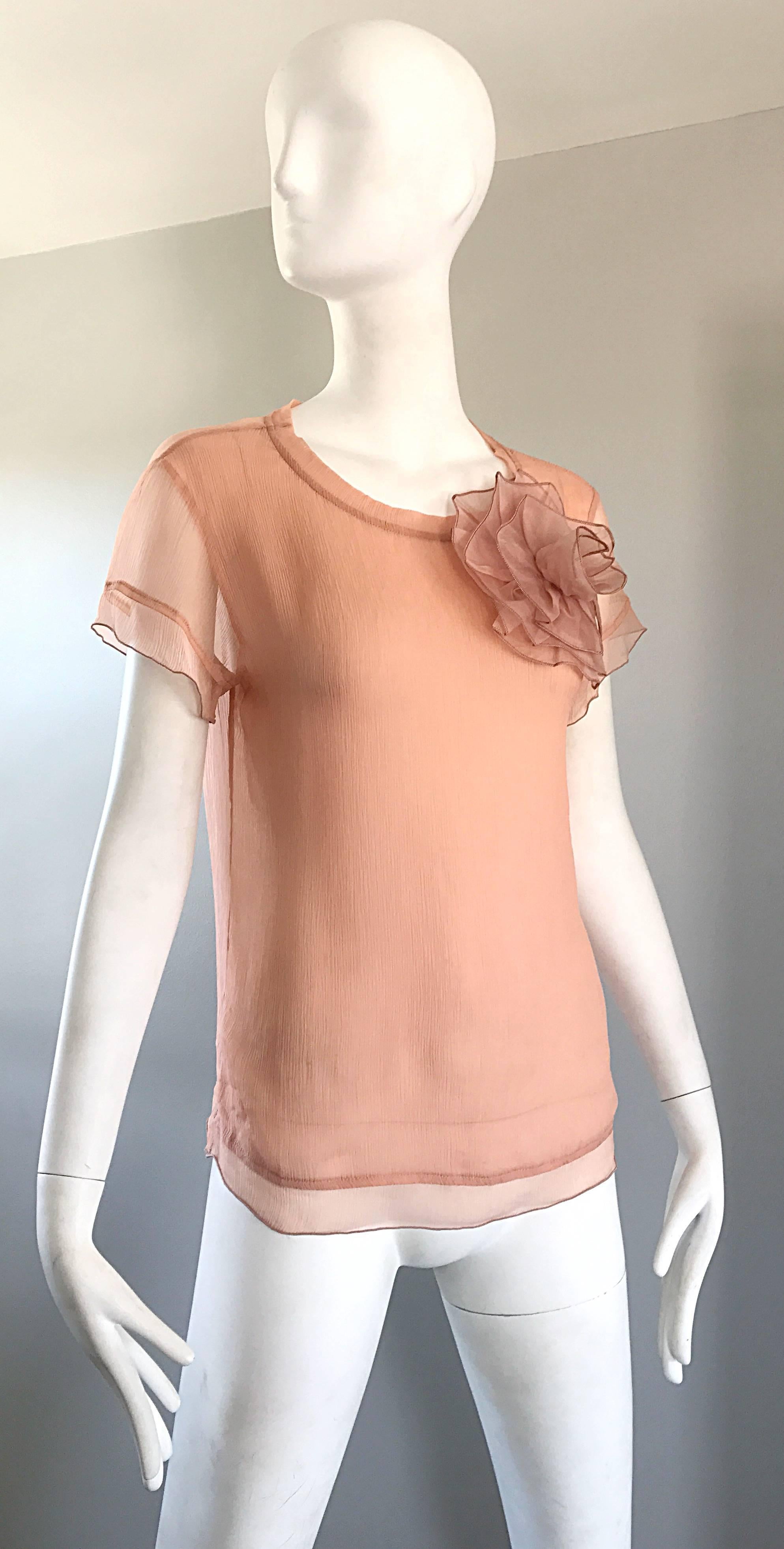 1990er Blumarine by Anna Molinari Hellrosa Pfirsichfarbenes halbdurchsichtiges Chiffon-Bluse Top Damen im Angebot