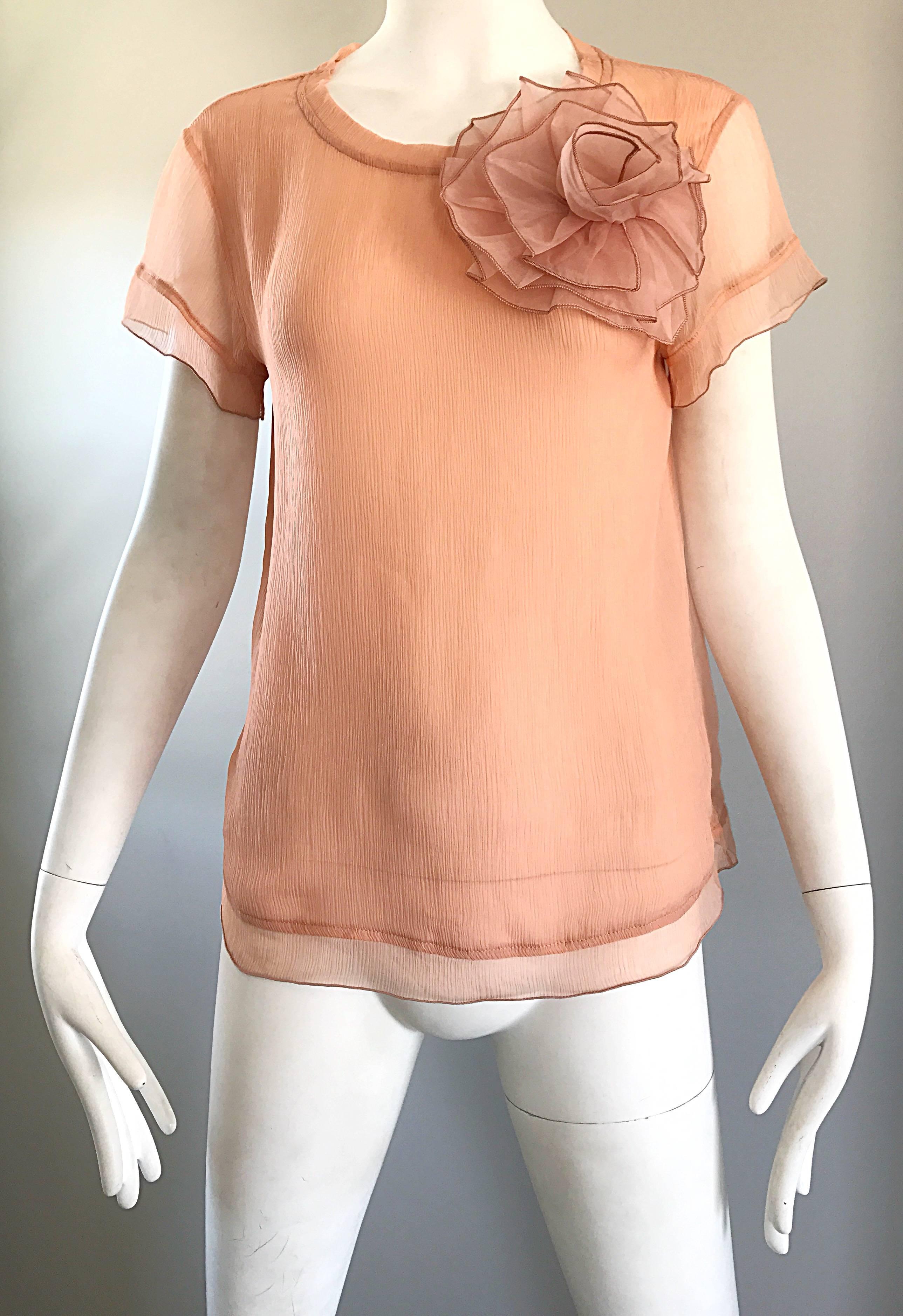 1990s Blumarine by Anna Molinari Light Pink Peach Chiffon Semi Sheer Blouse Top In Excellent Condition For Sale In San Diego, CA