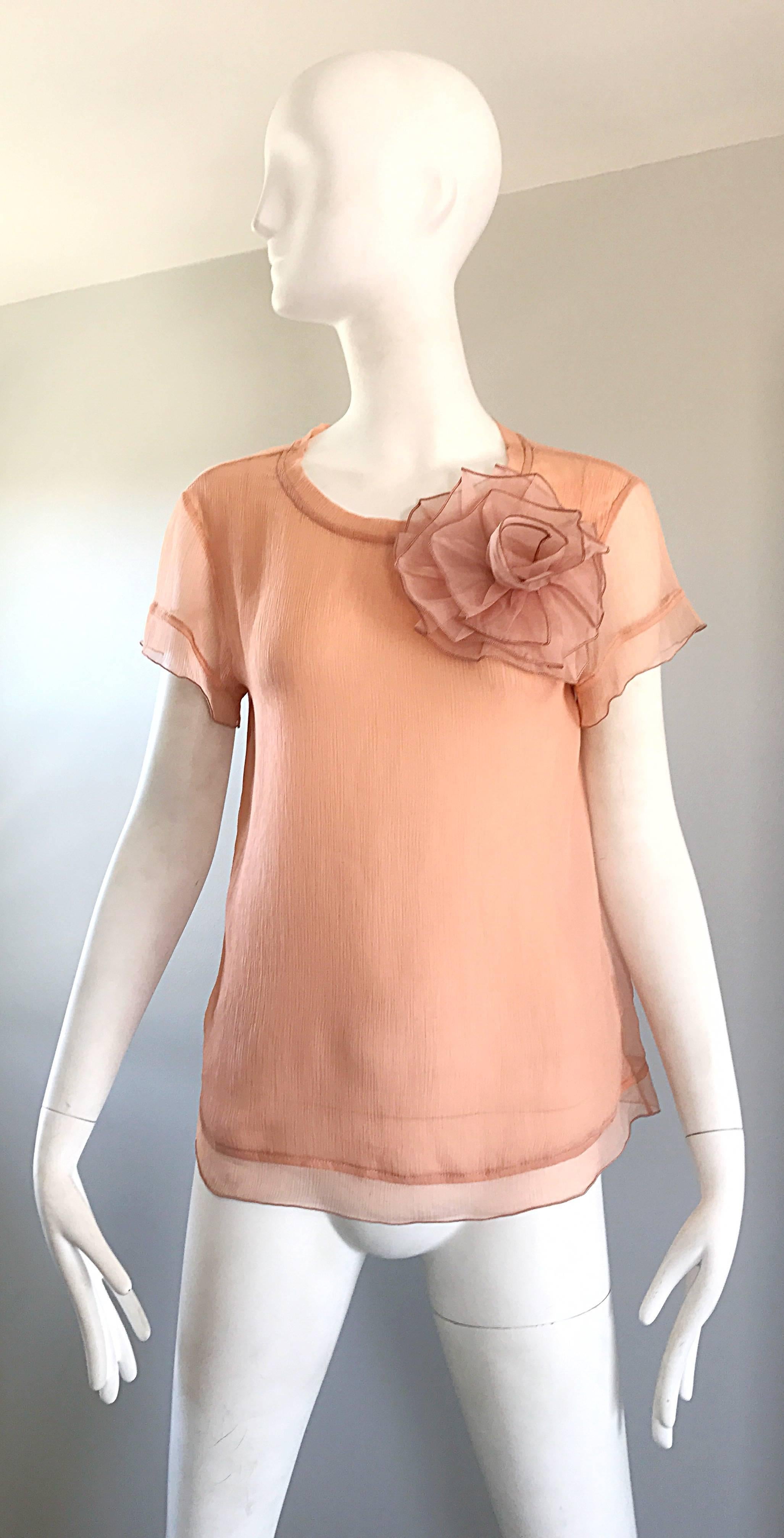 1990er Blumarine by Anna Molinari Hellrosa Pfirsichfarbenes halbdurchsichtiges Chiffon-Bluse Top im Angebot 4