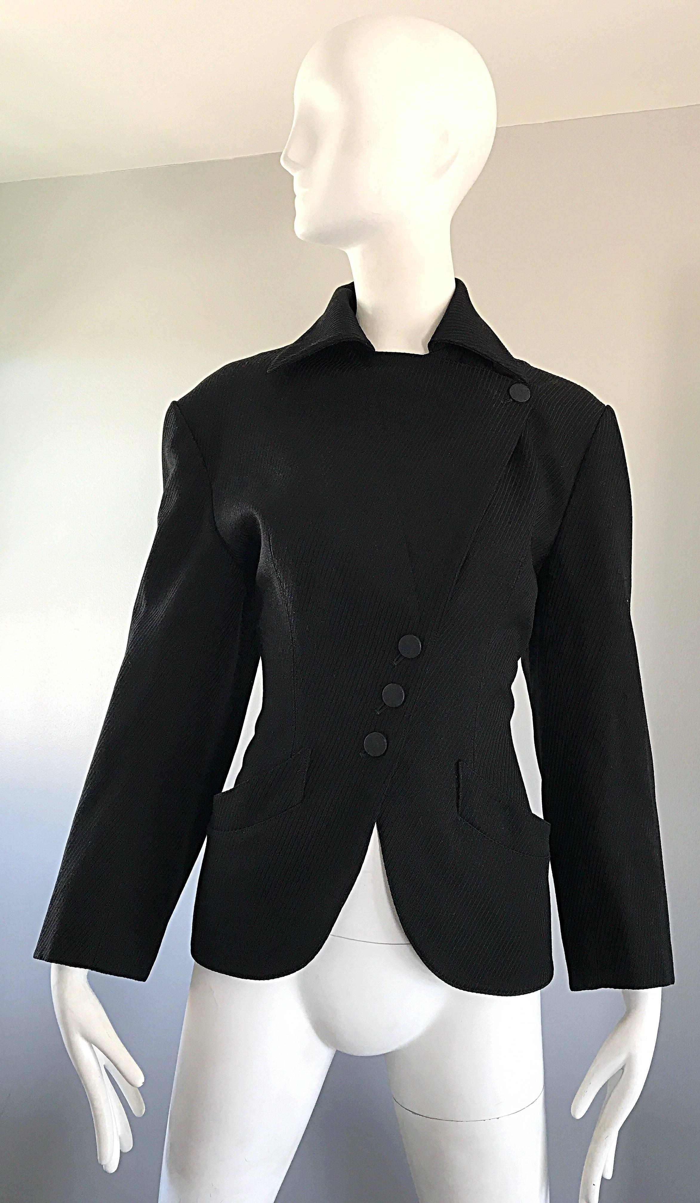 Amazing and rare musuem held AZZEDINE ALAIA mid 1980s black corset style Avant Garde jacket! Versions of this rare gem were featured in the Alaia exhibit at The Groningen Musuem, and the book, 