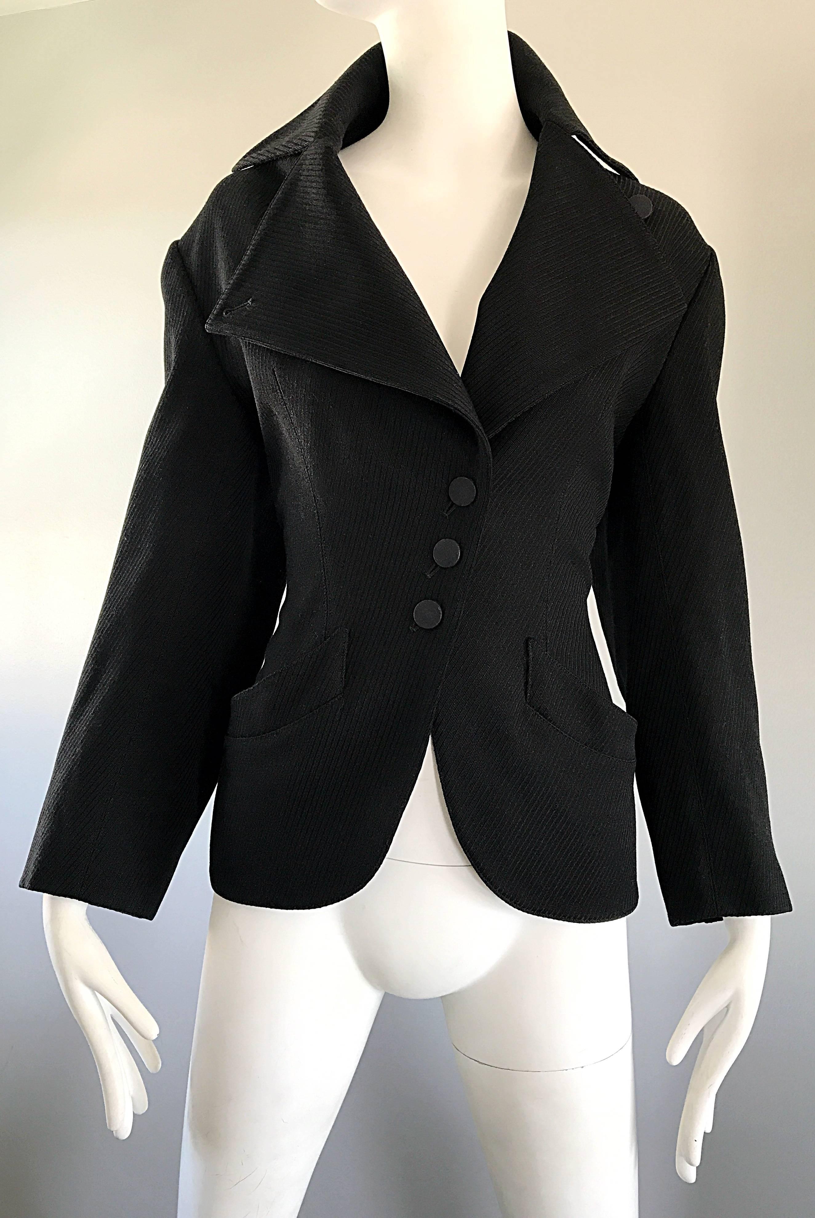 Black Rare Vintage Alaia 1980s Musuem Held Avant Garde Wasp Waist 80s Fitted Jacket For Sale