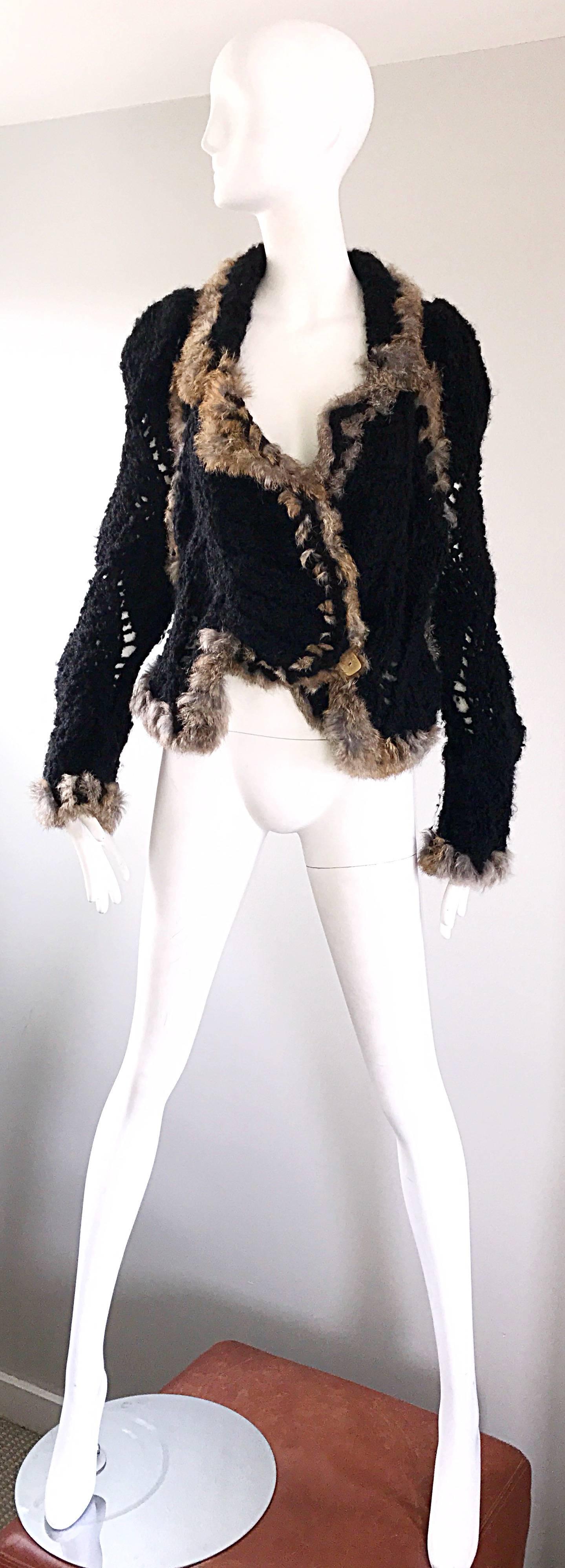 Vintage John Galliano 1990s Rabbit Fur + Wool Black 90s Slouchy Sweater Jacket  In Excellent Condition In San Diego, CA