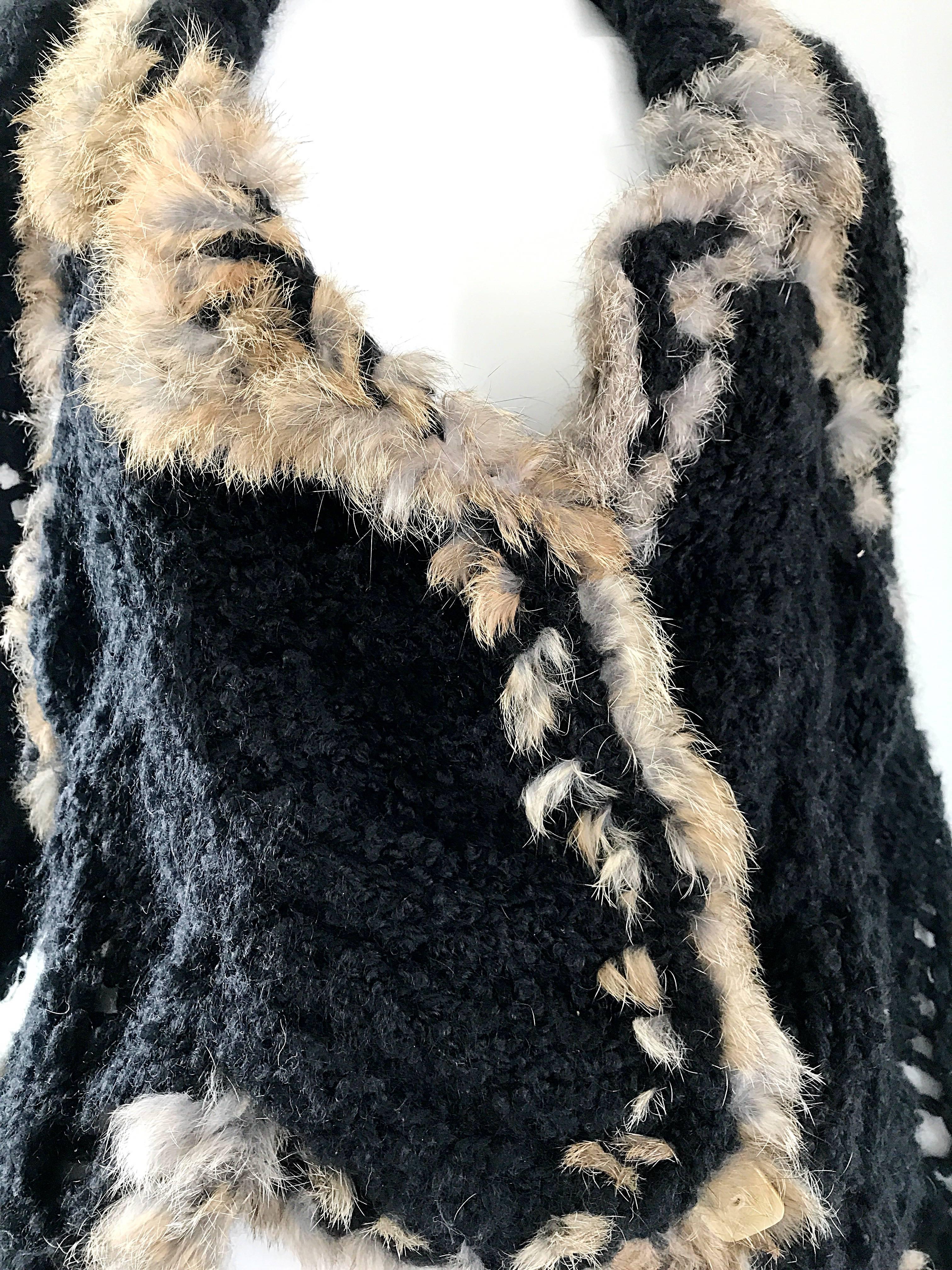 Women's or Men's Vintage John Galliano 1990s Rabbit Fur + Wool Black 90s Slouchy Sweater Jacket 