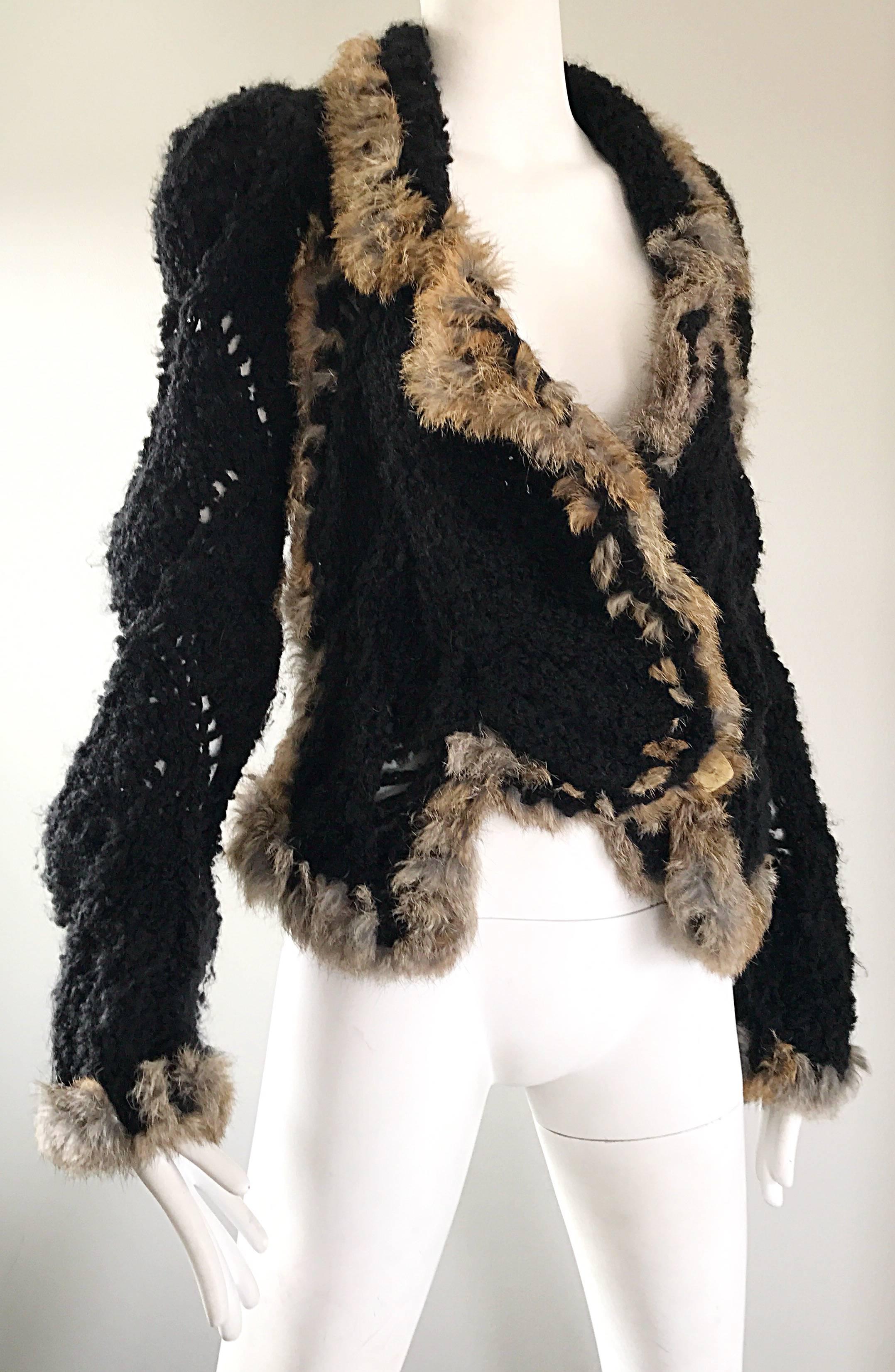 Vintage John Galliano 1990s Rabbit Fur + Wool Black 90s Slouchy Sweater Jacket  1
