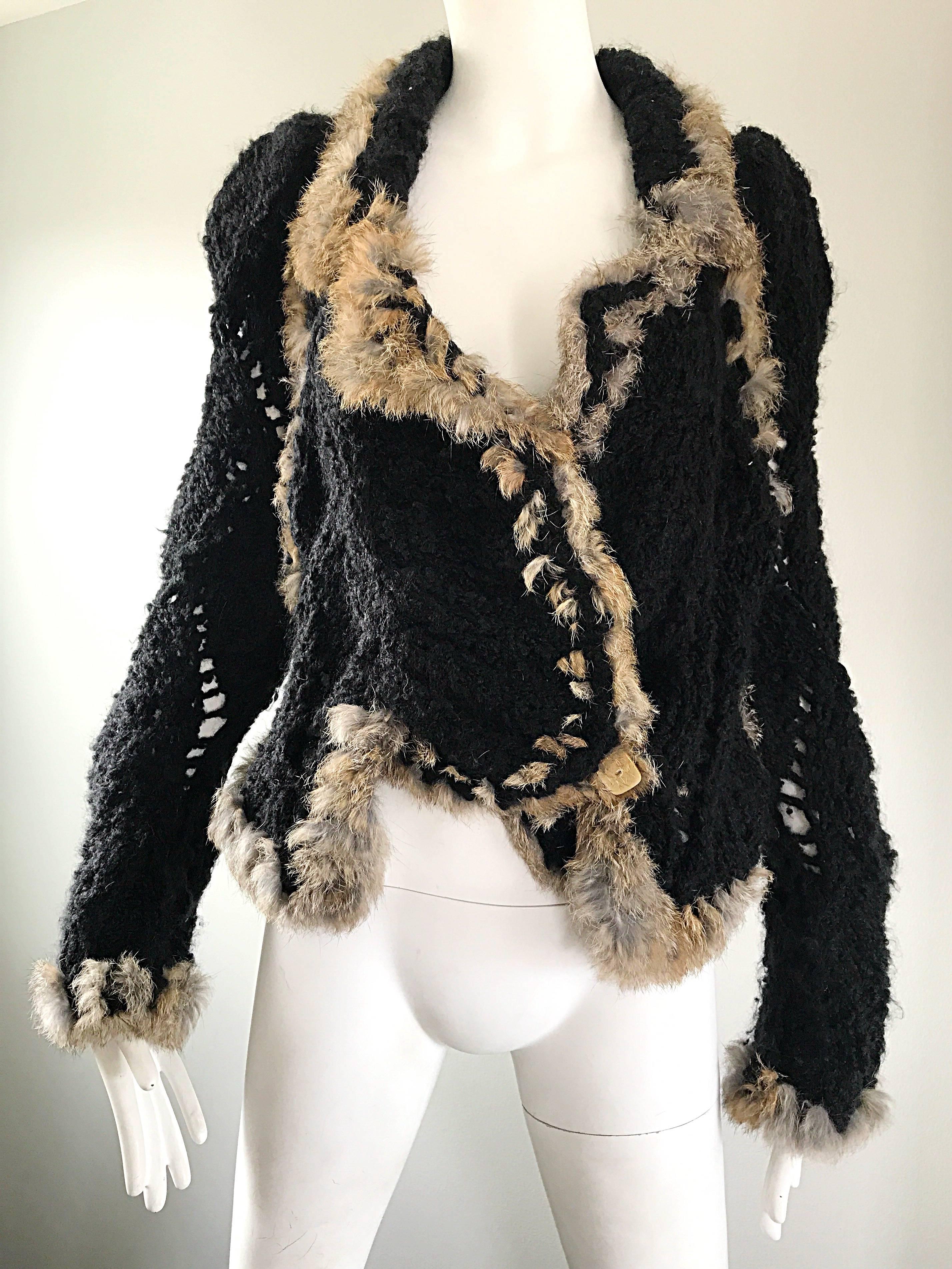Vintage John Galliano 1990s Rabbit Fur + Wool Black 90s Slouchy Sweater Jacket  2