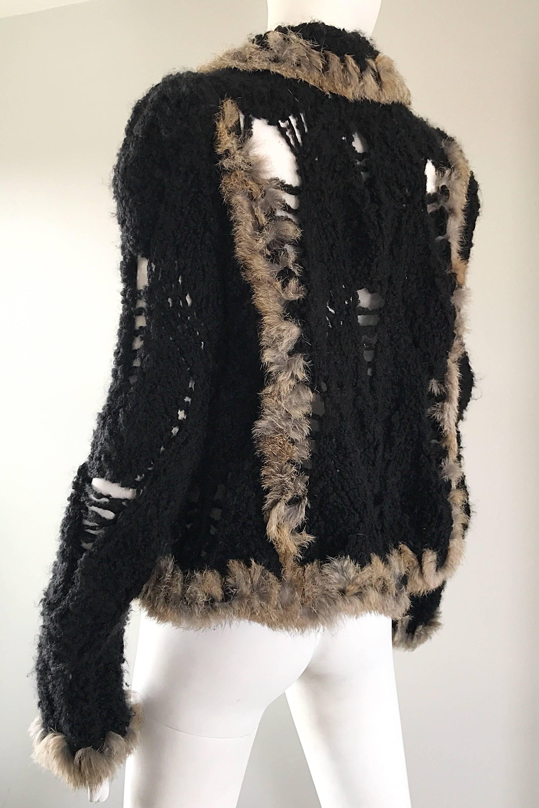 Vintage John Galliano 1990s Rabbit Fur + Wool Black 90s Slouchy Sweater Jacket  3