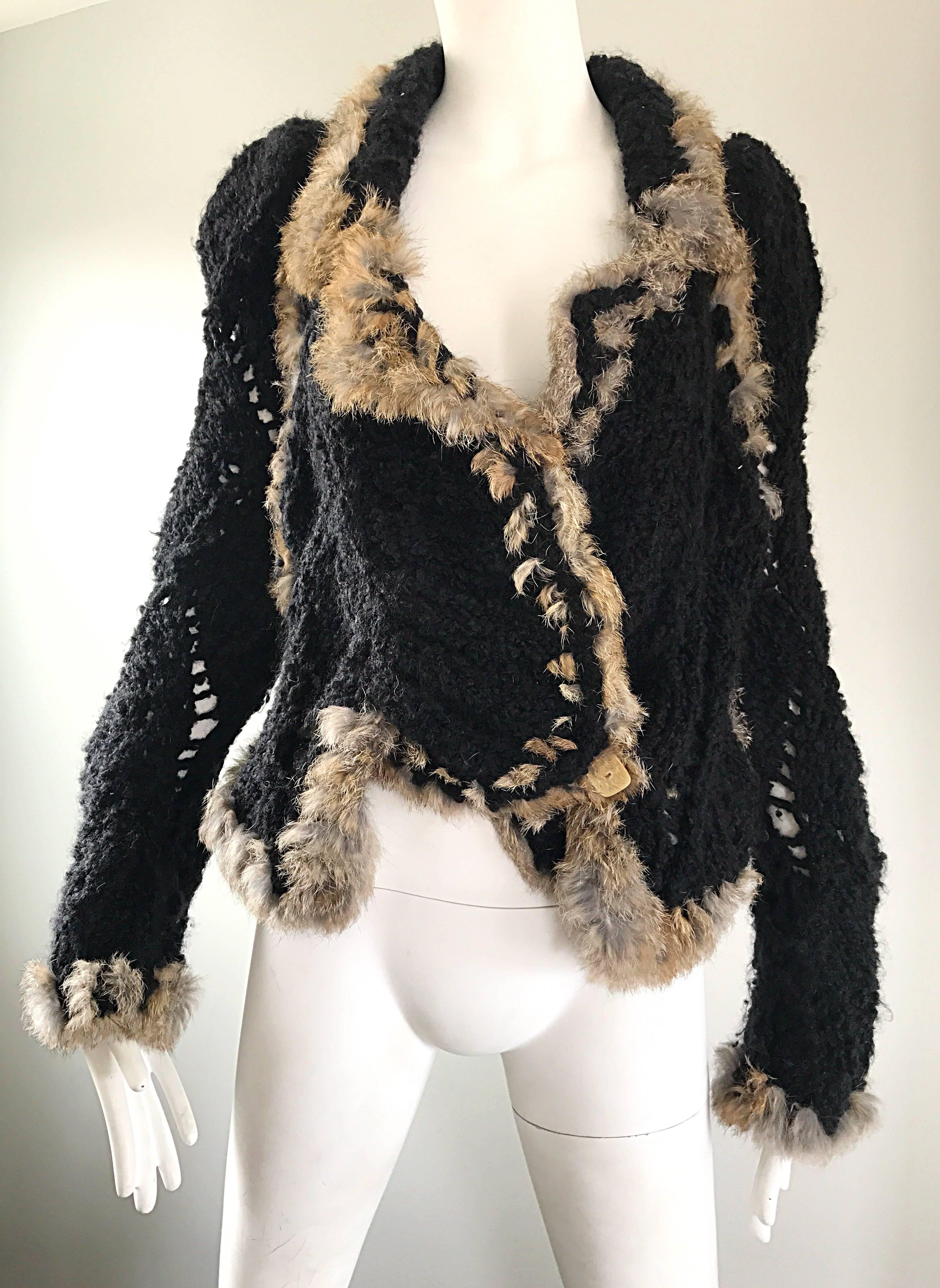 Vintage John Galliano 1990s Rabbit Fur + Wool Black 90s Slouchy Sweater Jacket  5