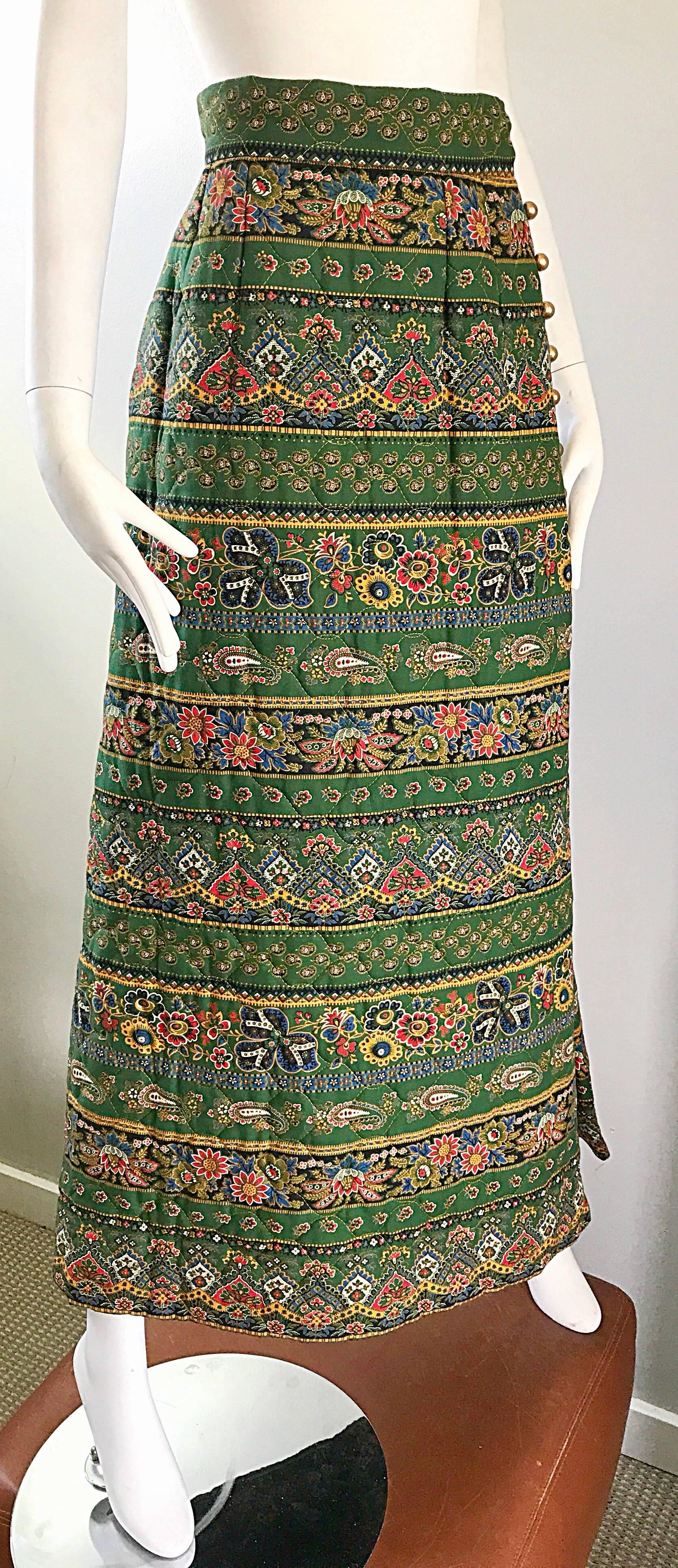 Women's 1970s Bonwit Teller Paisley Flower Print Vintage 70s Cotton Boho Maxi Skirt  For Sale