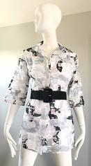NWT 1990s JIL SANDER Black and White Abstract Print 3/4 Sleeves Semi Sheer Top