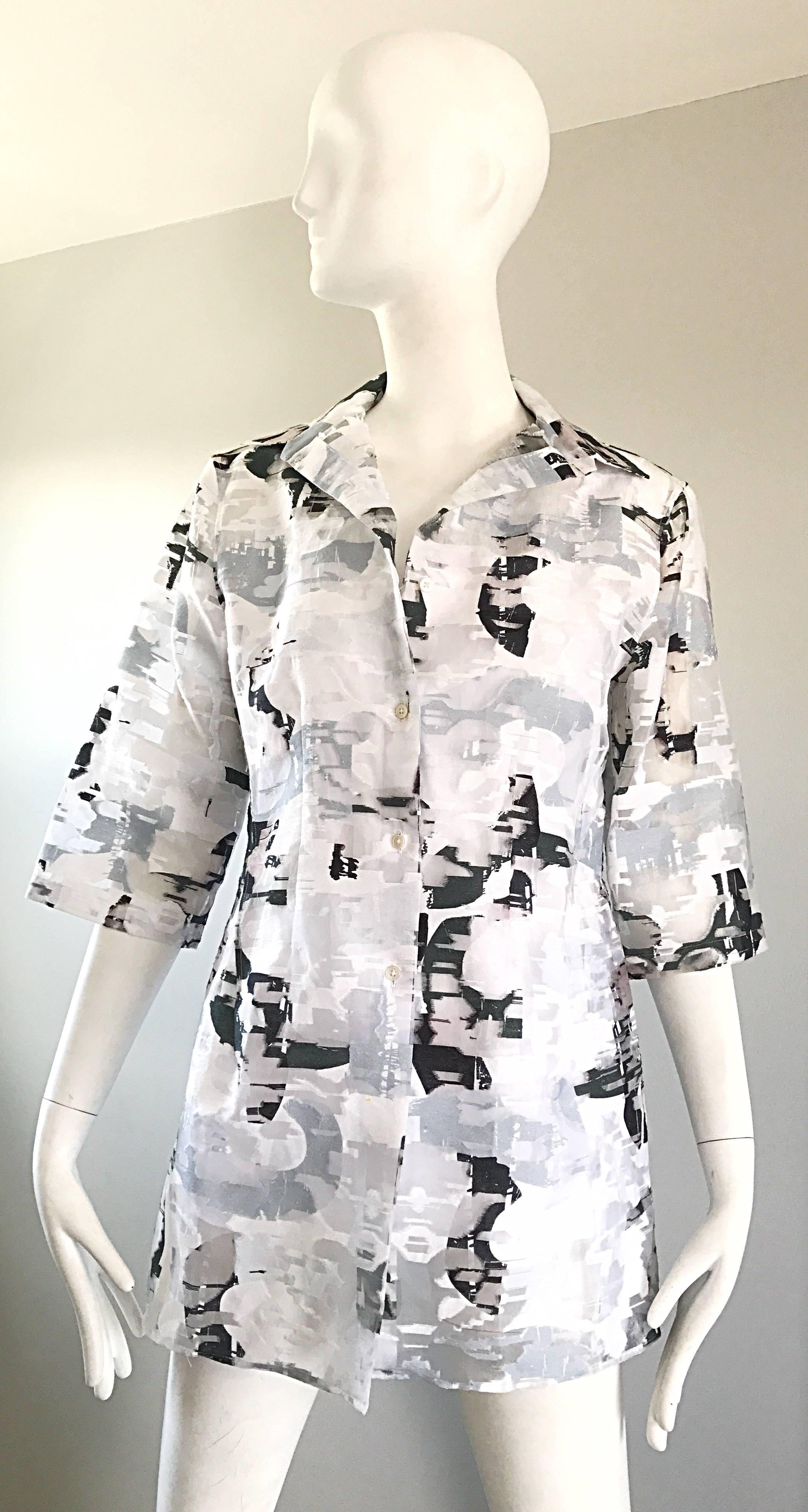 Women's NWT 1990s JIL SANDER Black and White Abstract Print 3/4 Sleeves Semi Sheer Top