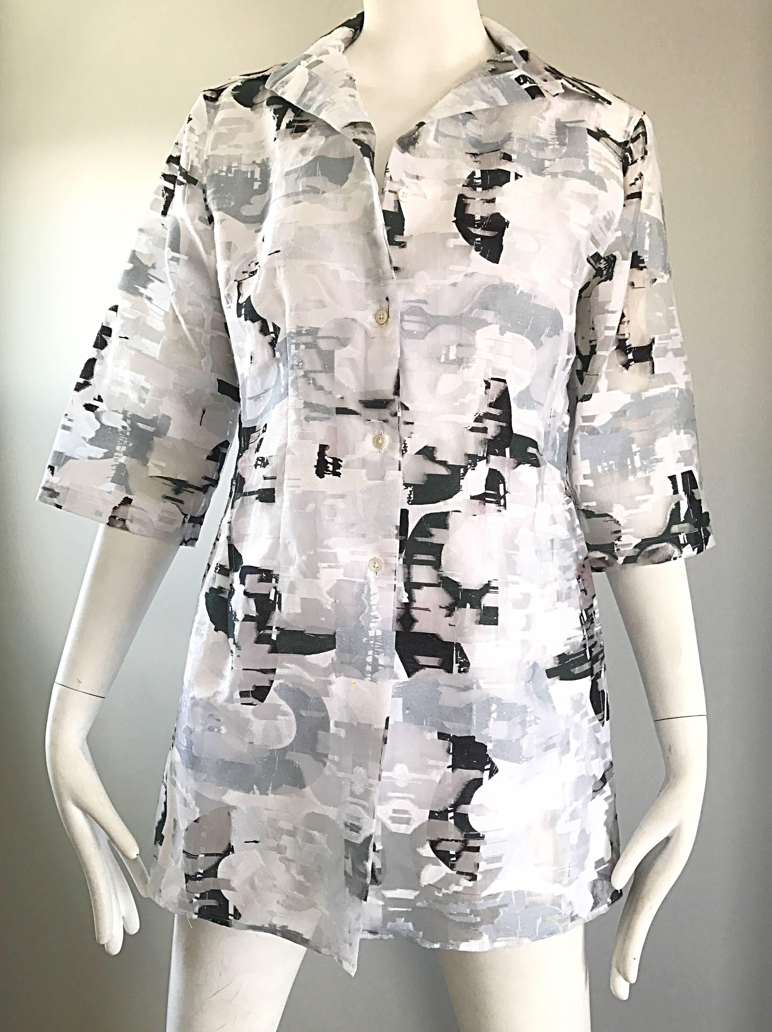 NWT 1990s JIL SANDER Black and White Abstract Print 3/4 Sleeves Semi Sheer Top 2