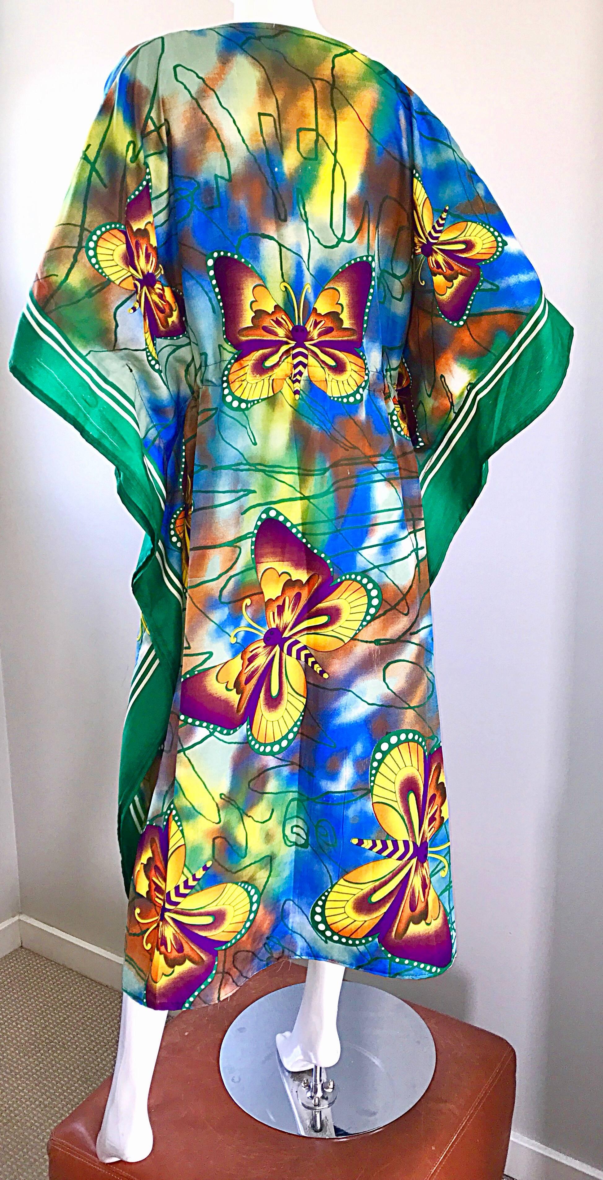 Black Amazing 1970s Butterfly Print Bright Colored Belted Vintage 70s Caftan Dress 