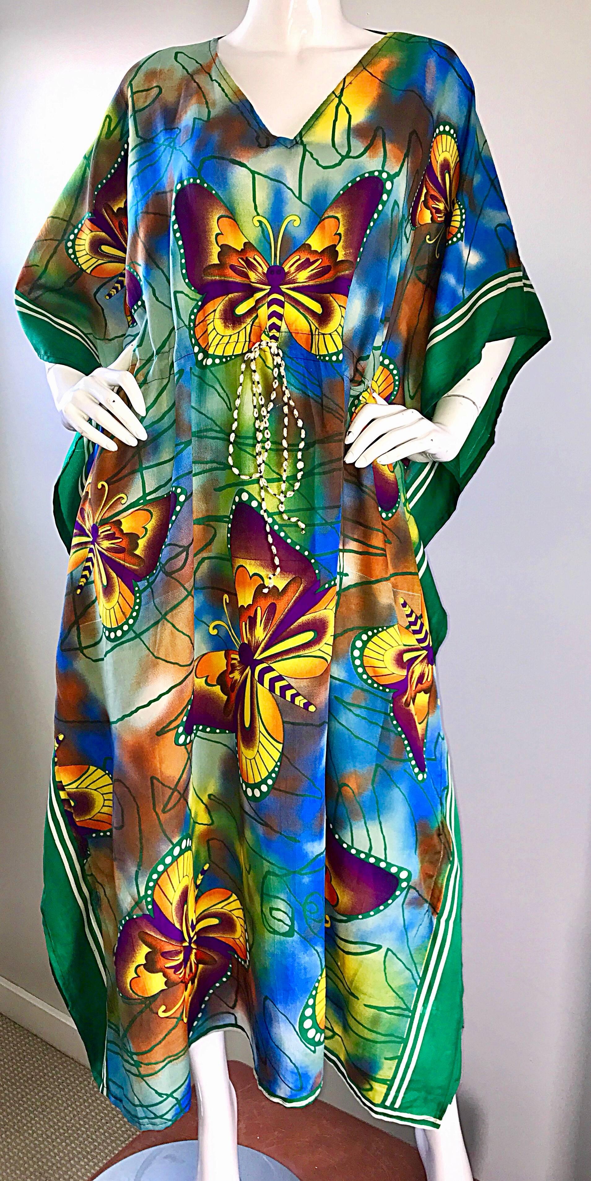Amazing 1970s Butterfly Print Bright Colored Belted Vintage 70s Caftan Dress  In Excellent Condition In San Diego, CA